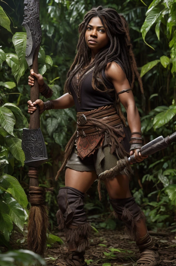 Art style by Alex Horley, realistic, short dwarf athletic woman, dark skin, giant boar pet, red dreadlock hair, wearing rustic leaf and vine fabric, wielding a rustic hammer, facing in combat, Amazon rainforest scenery, images 8k ultra HD definition.