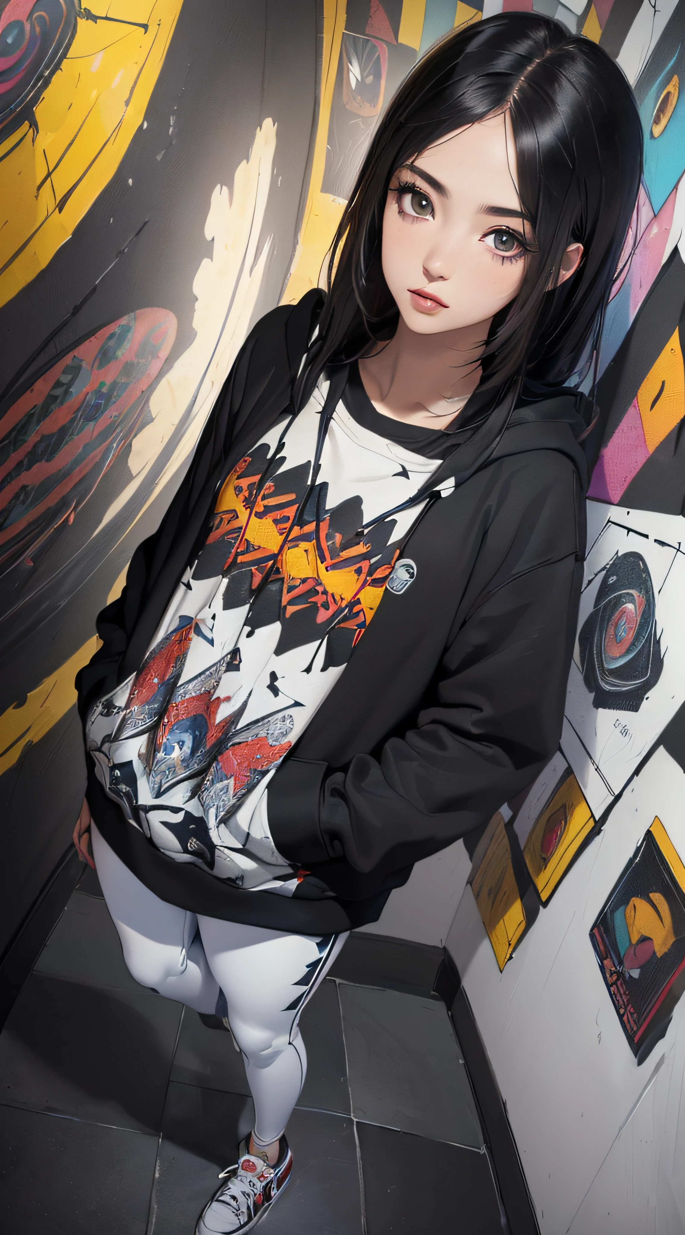 (((8k wallpaper of extremely detailed CG unit:1.2, masterpiece, hight resolution:1.2, top-quality:1.2, masutepiece))), ((a very beautiful woman, Hands in pockets:1.8, Grunge Fashion:1.2, Wearing a hoodie:1.2, Wearing white leggings, Wearing shoes)), ((extra detailed face, Highly detailed black eyes, extra detailed body, Top quality real texture skins)), (A dark-haired, length hair, de pele branca, Small), ((colorful geometric pattern wall, Colorful wall)), (high-angle:1.2, Fisheye:1.3), hyper realisitic, digitial painting,