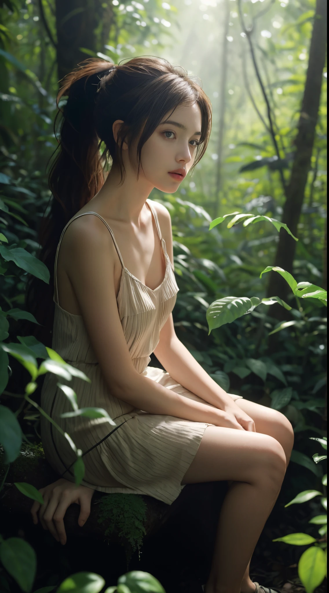 (masterpiece, best quality: 1.3) EllieTLOU, 1 girl, brown hair, long hair, ponytail, sitting, abandoned in a forest, Green Plants, soft lighting, realistic, SMOOTH FACE, full body photo, torso, dress, perfect eyes, clear