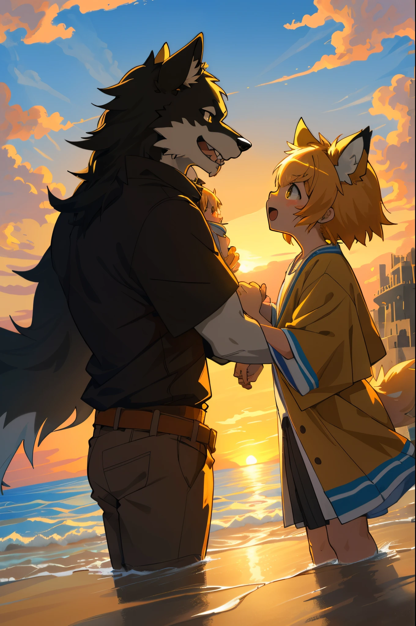 cover page, anime key visual, highres, top quality, best quality, paid reward available, High-quality illustrations, unparalleled masterpiece, perfect artwork, absurdres(family watching sunrise at the beach)((kemono werewolf family with two parents of diverse descents and a child)perfect anatomy, mesmerized by the sunrise, child playing with sand and building a sandcastle, serene beach with gentle waves, sky with vibrant colors of dawn, family’s expressions of awe and happiness, moment of peace and togetherness, fan-created work shared on platforms Pixiv or Twitter, cinematic lighting, dynamic angle,