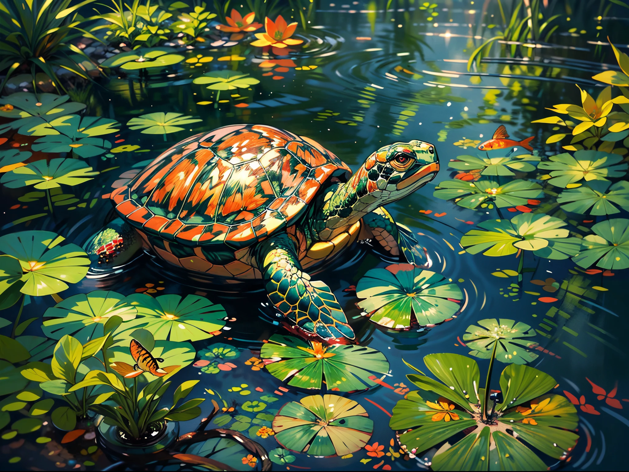 (best quality,4k,8k,highres,masterpiece:1.2),ultra-detailed,(realistic,photorealistic,photo-realistic:1.37),oil painting,aquatic turtle,playing inside a succulent plant pond,lush greenery,serene ambiance,colorful koi fish swimming around,reflection of the turtle on the water surface,gentle ripples on the pond,soft sunlight filtering through the foliage,meticulously painted turtle shell and skin texture,delicate water droplets on the turtle's body,aquatic plants floating on the water,fine brush strokes,rich contrasting colors,texture of the succulents,peaceful and tranquil scene,naturalistic lighting,meticulously portrayed details,harmonious composition,turtle's graceful movements,evoking a soothing and serene feeling.