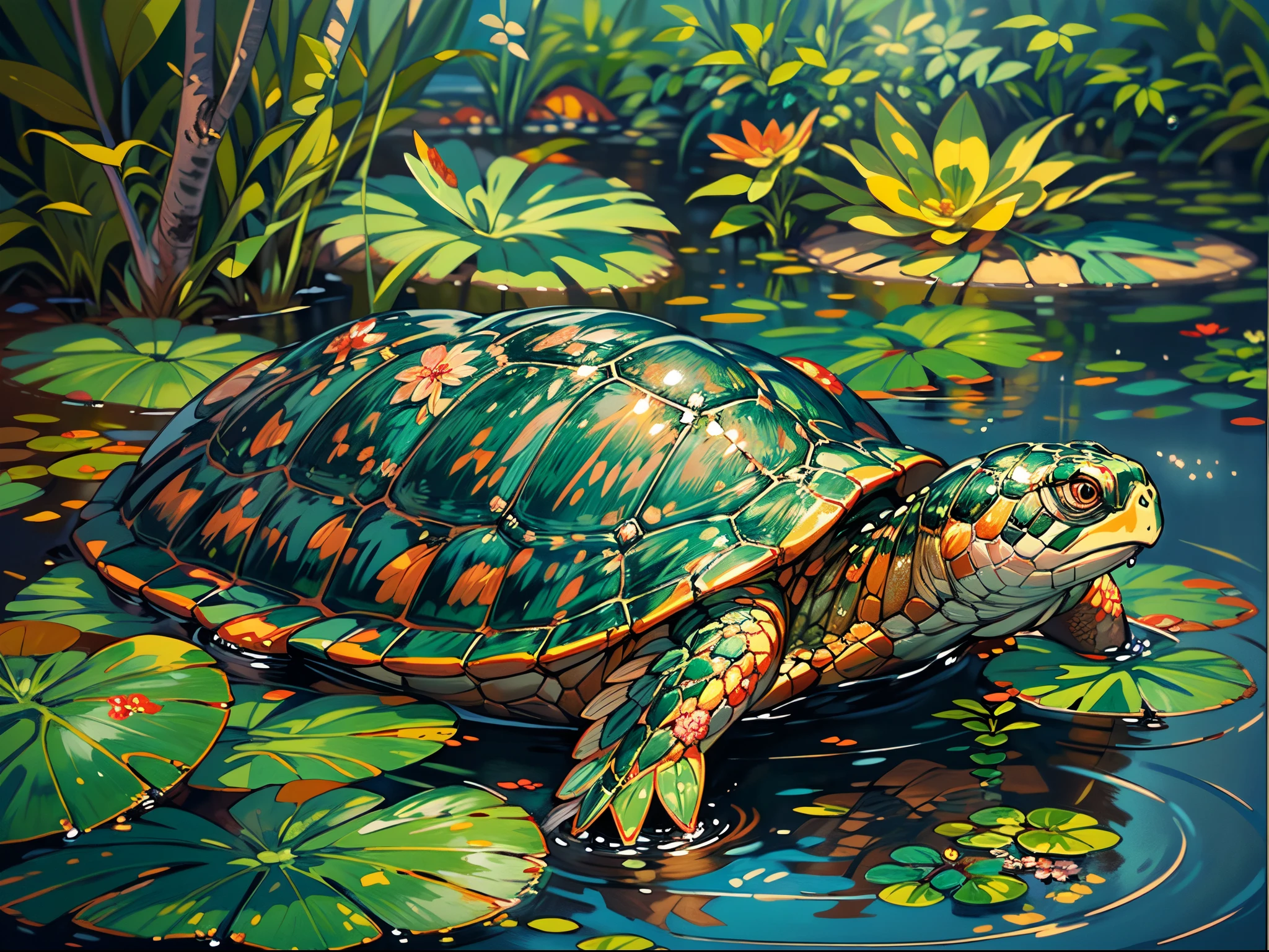 (best quality,4k,8k,highres,masterpiece:1.2),ultra-detailed,(realistic,photorealistic,photo-realistic:1.37),oil painting,aquatic turtle,playing inside a succulent plant pond,lush greenery,serene ambiance,colorful koi fish swimming around,reflection of the turtle on the water surface,gentle ripples on the pond,soft sunlight filtering through the foliage,meticulously painted turtle shell and skin texture,delicate water droplets on the turtle's body,aquatic plants floating on the water,fine brush strokes,rich contrasting colors,texture of the succulents,peaceful and tranquil scene,naturalistic lighting,meticulously portrayed details,harmonious composition,turtle's graceful movements,evoking a soothing and serene feeling.