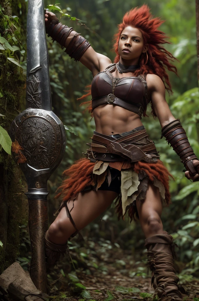 A naked tanned red-haired woman warrior with dark brown, her skin is dripping with sweat and is dirty, filthy, and with large bloodstains, She has a deep bite wound on her left shoulder, dressed only in an animal skin loincloth, and an energy sword attacked by a tyrannosaurus. very dramatic, cinematic shot, shot from a movie, cinema composition shot, very detailed, high resolution, professional color, wonderful light, daylight, 300k resolution, highly realistic, lots of details.