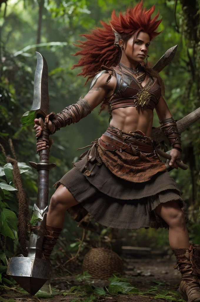 Art style by Alex Horley, realistic, 1 short dwarf athletic woman, dark skin, 1 giant boar pet, red mohawk hair, wearing rustic leaf and vine fabric, wielding a rustic hammer, facing in combat, Amazon rainforest setting , 8k ultra HD definition images.