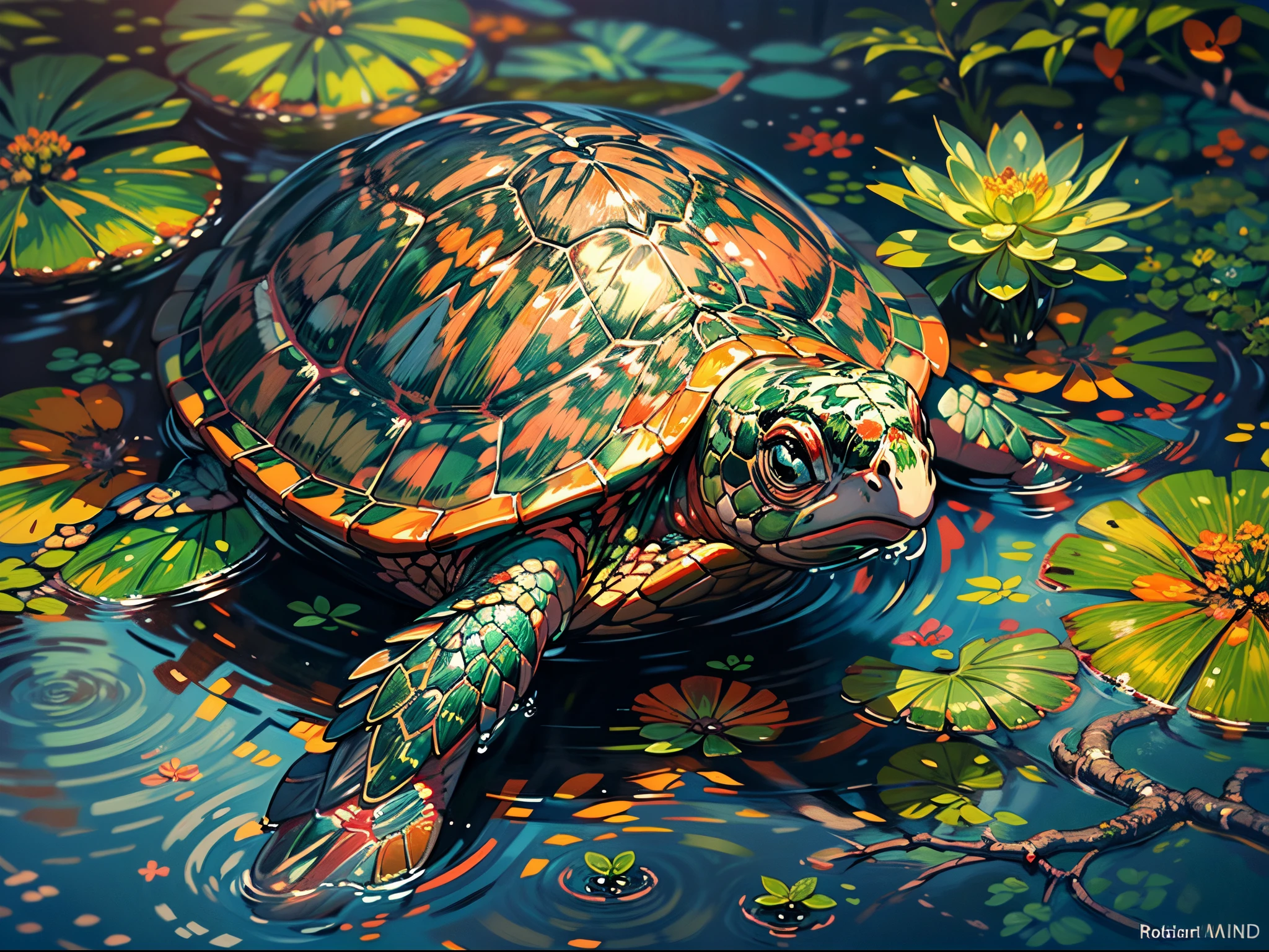 (best quality,4k,8k,highres,masterpiece:1.2),ultra-detailed,(realistic,photorealistic,photo-realistic:1.37),oil painting,aquatic turtle,playing inside a succulent plant pond,lush greenery,serene ambiance,colorful koi fish swimming around,reflection of the turtle on the water surface,gentle ripples on the pond,soft sunlight filtering through the foliage,meticulously painted turtle shell and skin texture,delicate water droplets on the turtle's body,aquatic plants floating on the water,fine brush strokes,rich contrasting colors,texture of the succulents,peaceful and tranquil scene,naturalistic lighting,meticulously portrayed details,harmonious composition,turtle's graceful movements,evoking a soothing and serene feeling.