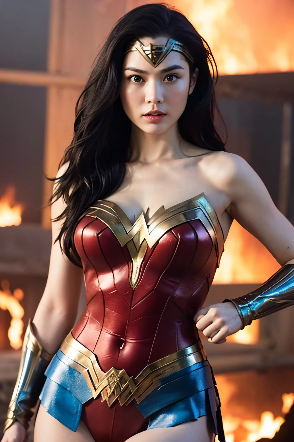 (Highly detailed body,Highly detailed face,Best quality at best:1.4) ,A woman who is,looki at viewer,(Wearing a Wonder Woman costume),(Fire scene in the background:1.4)