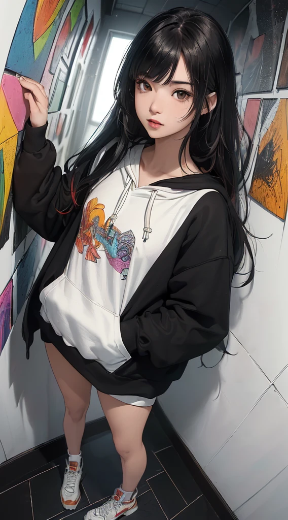 (((8k wallpaper of extremely detailed CG unit:1.2, masterpiece, hight resolution:1.2, top-quality:1.2, masutepiece))), ((a very beautiful woman, Hands in pockets:1.8, Grunge Fashion:1.2, Wearing a hoodie:1.2, Wearing white leggings, Wearing shoes)), ((extra detailed face, Highly detailed black eyes, extra detailed body, Top quality real texture skins)), (A dark-haired, length hair, de pele branca, Small), ((colorful geometric pattern wall, Colorful wall)), (high-angle:1.2, Fisheye:1.3), hyper realisitic, digitial painting,