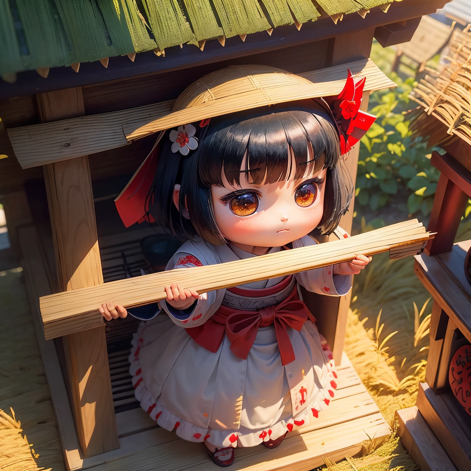 ​masterpiece、top-quality、ultra-detailliert、(Chibi character shrine maiden:1.2)、Black Hair Bob、Izumo Taisha、Shinke Festival、In a colander made of straw(🌾、🍙、Pickles、Pickled plums:1.2)