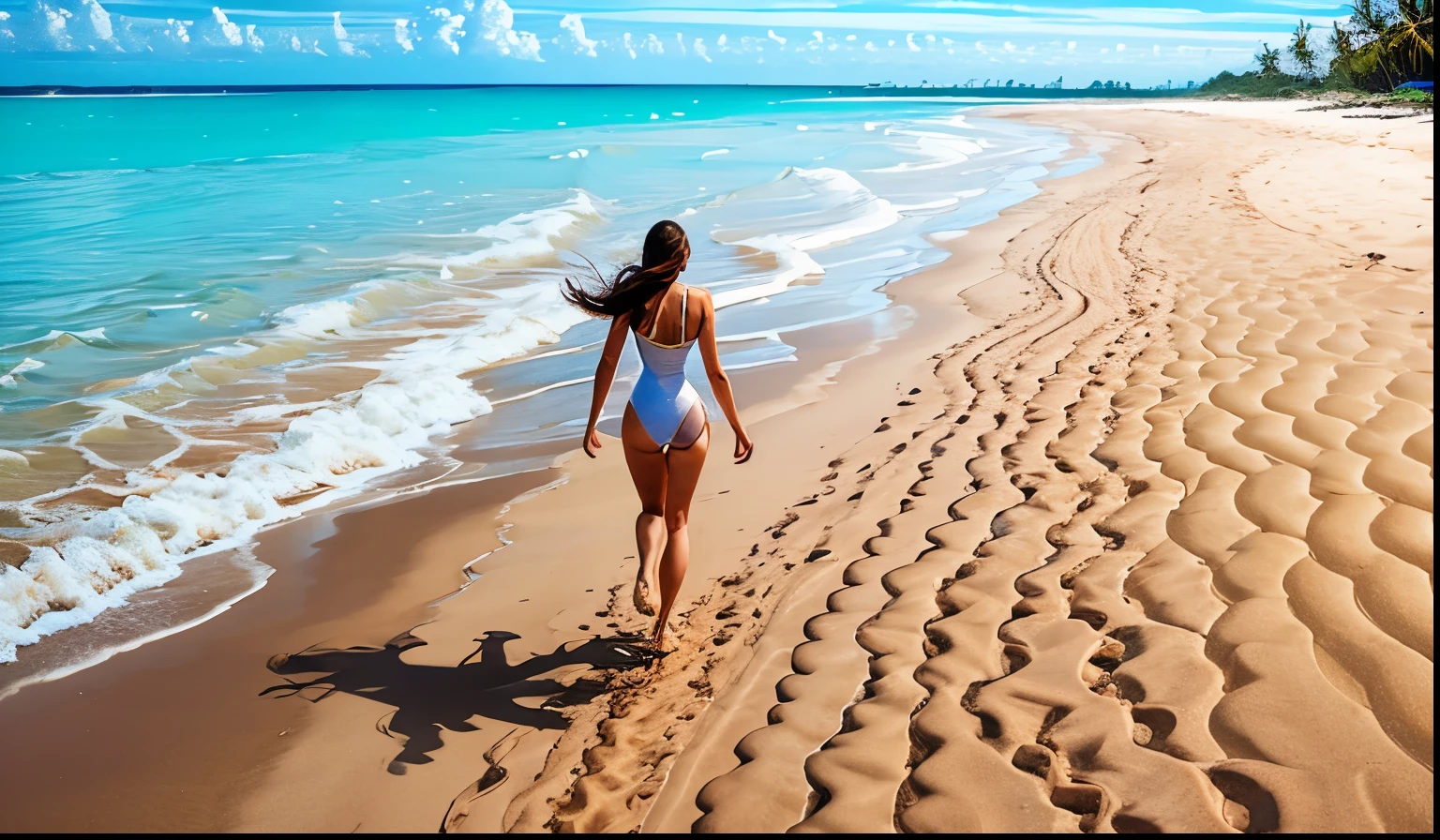 Walking on a sandy beach in the evening in a tropical country、Please draw a woman in a white swimsuit