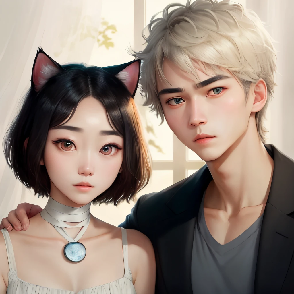 Girls have pretty faces,But very attractive。Has a pair of slightly upward big eyes,In the light colored pupils,The amber luster reminds people of a cat waking up in the morning。Neat and handsome short hair,There is a white bandage wrapped around the neck。
