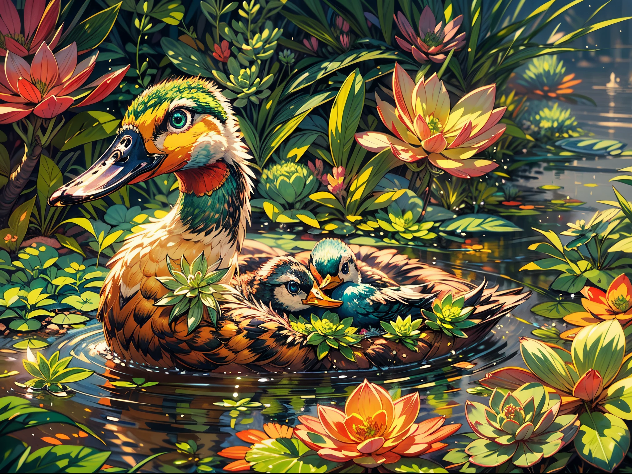 fluffy cute little duck, playful attitude, succulent plants, vibrant green leaves, soft and delicate feathers, adorable quacking sound, cheerful and lively scene, small and charming beak, colorful succulent flowers, beautiful sunlight, fresh and natural environment, joyful and carefree atmosphere, detailed and lifelike duck eyes, playful splashing in the water, gentle and tender touch, peaceful and harmonious surroundings, high-quality image with vivid colors, intricate details of the duck's feathers, succulents of various shapes and sizes, lively and vibrant composition, clear and sharp focus, realistic and photorealistic rendering, beautiful contrast between the duck and the plants, joyful and pleasant interactions between the duck and the succulents, warm and inviting color tones, perfect balance of light and shadow, incredibly detailed depiction of the succulent leaves, a true masterpiece capturing the beauty and innocence of nature.