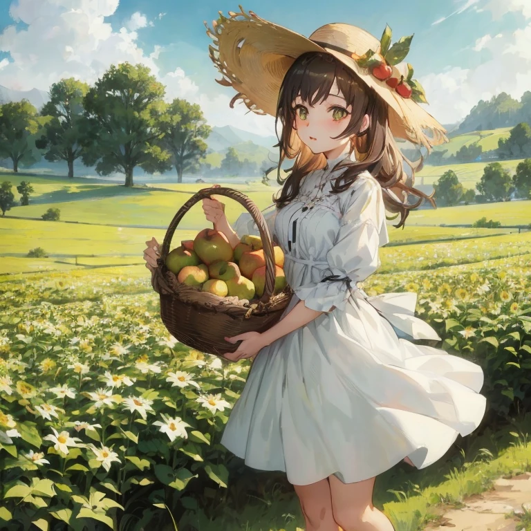 Anime girl with a basket of apples in the field, guweiz on pixiv artstation, guweiz, Official art, guweiz on artstation pixiv, artwork in the style of guweiz, By Shinkai Makoto. a digital rendering, Beautiful sunflower anime girl, Anime visuals of cute girls, Rin, render of april, guweiz masterpiece