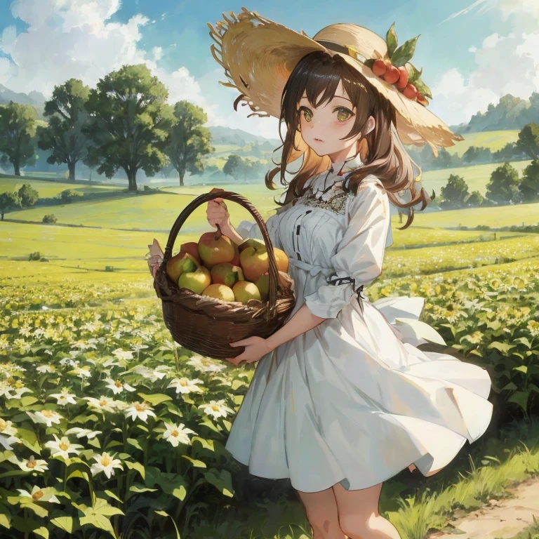 Anime girl with a basket of apples in the field, guweiz on pixiv artstation, guweiz, Official art, guweiz on artstation pixiv, artwork in the style of guweiz, By Shinkai Makoto. a digital rendering, Beautiful sunflower anime girl, Anime visuals of cute girls, Rin, render of april, guweiz masterpiece