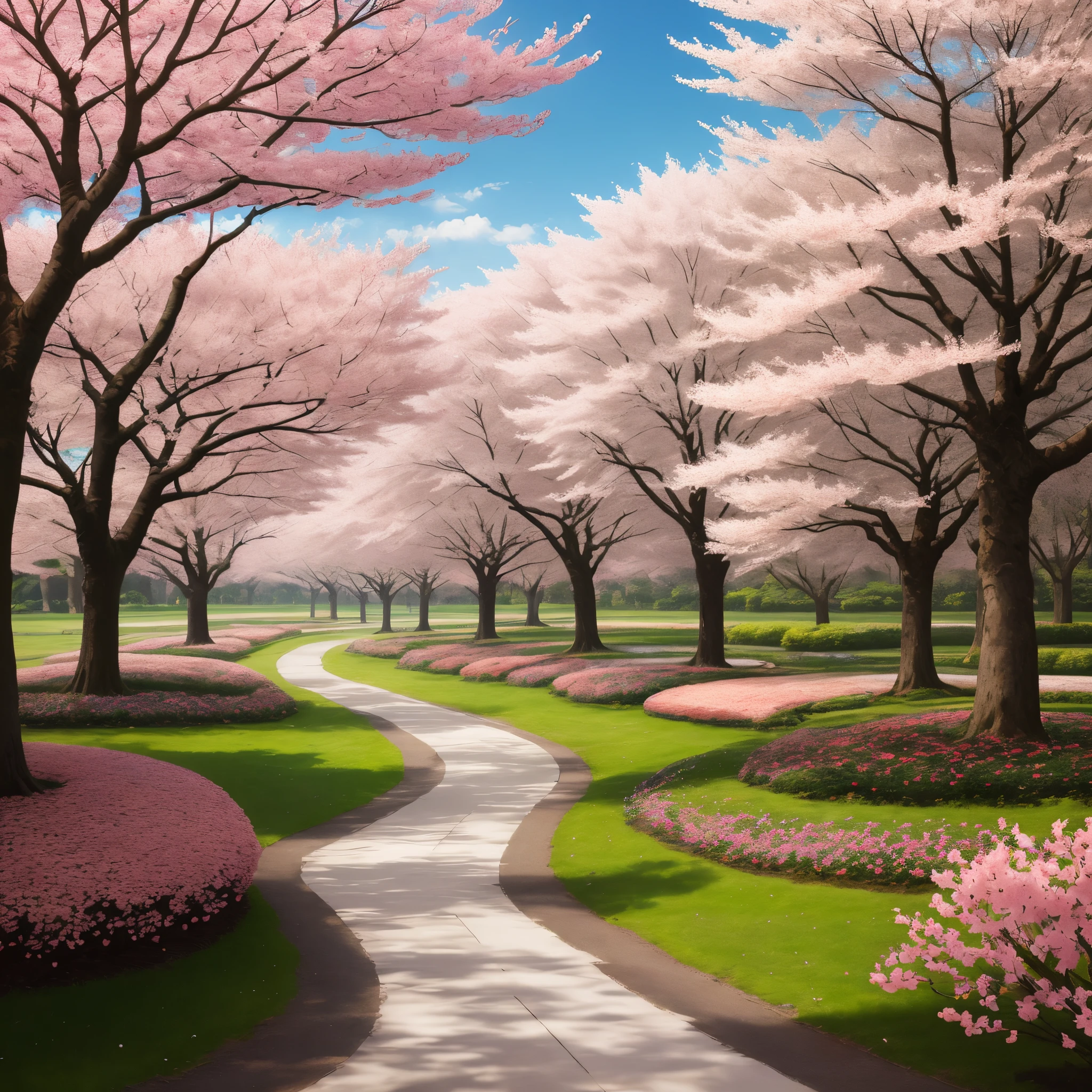 A path lined with flourishing cherry blossom trees