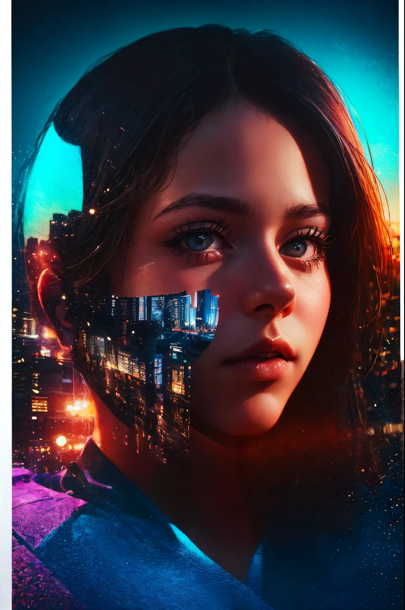 double contact，Oliver Morris double exposure photography style，girl portrait，closeup cleavage，（distant view of city buildings：1.4），vibrant with colors，a true，フォトリアリスティック，k hd，8K分辨率，tmasterpiece