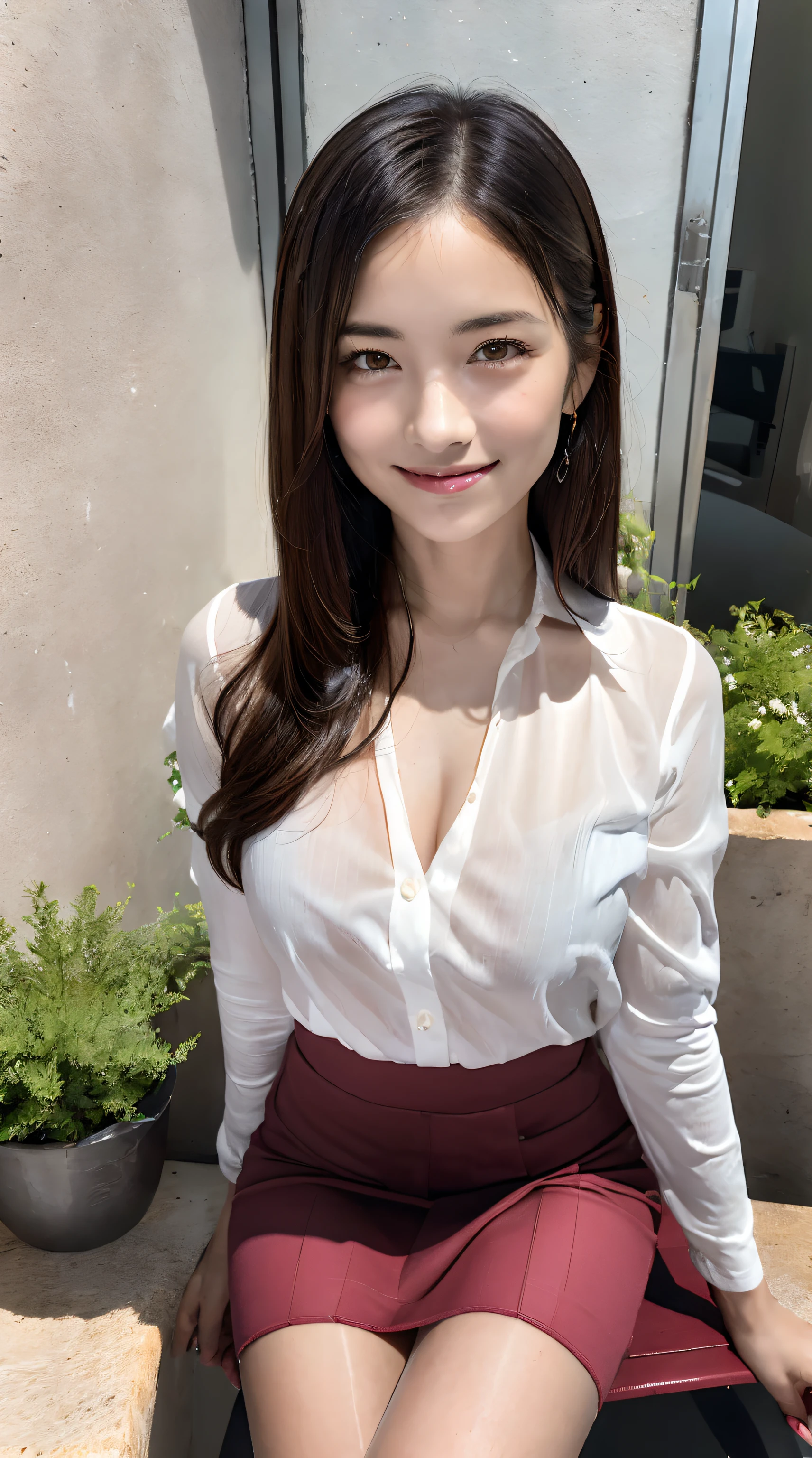 (Best Quality, masutepiece, Ultra HD: 1.3, High brightness, High color saturation), 1girl in, (middlebreasts), light brown hair, Asymmetrical hair, straight haired, Long hair, ( slender body shape, Constricted waist), (Ultra Fine Face), Delicate lips, (beautidful eyes), thin blush, eyes are brown, perfect glossy skin, View here, Smiling smile, ( hide one's hands), (Sitting on a bench), (thin and long legs, Thighs and toes:1.5), See-through white blouse, Tight skirt, (White pumps), (a japanese girl, hposing Gravure Idol), Broad-leaved forest, 135 mm, Fuji Film