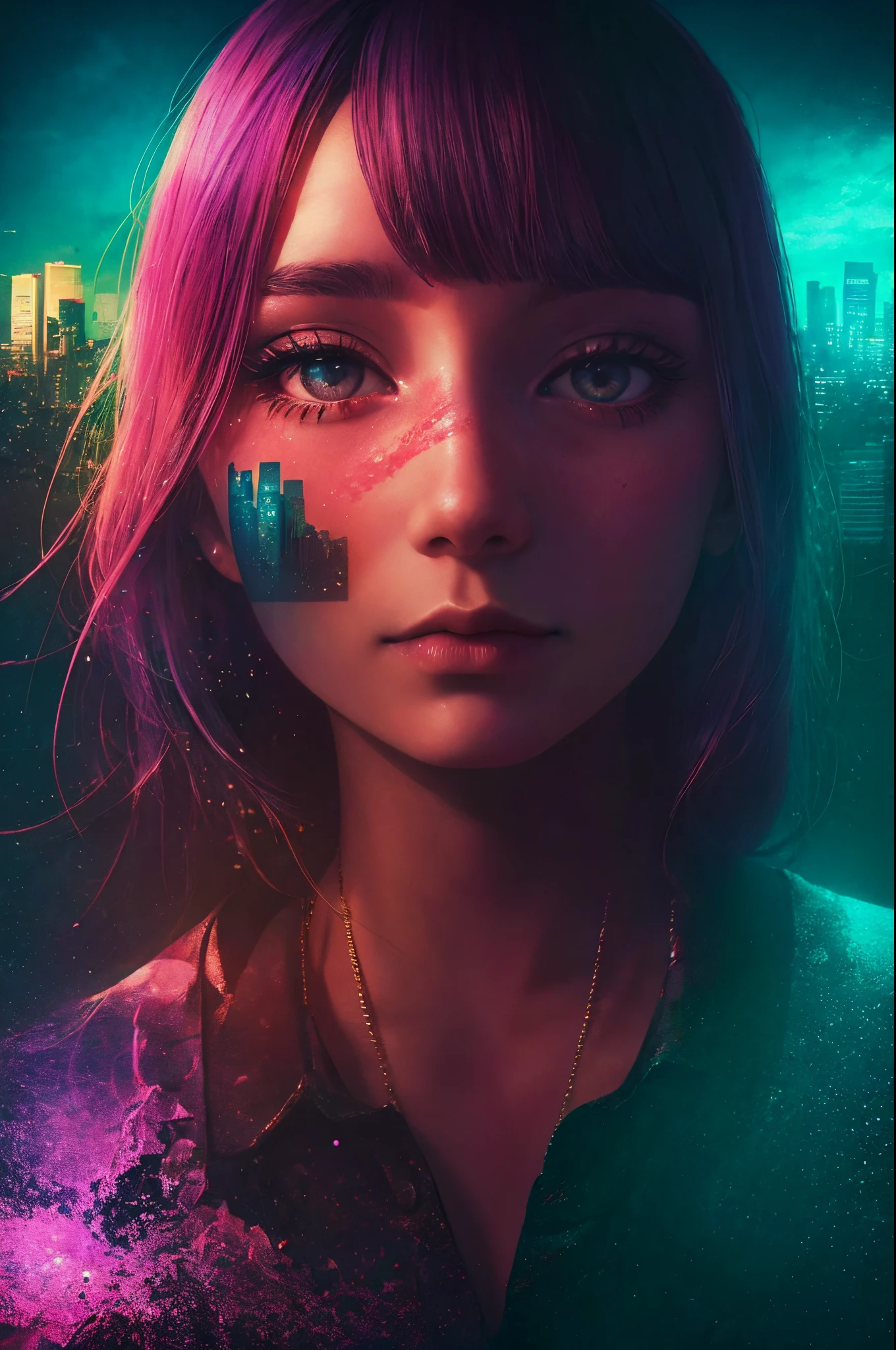 double contact，Oliver Morris double exposure photography style，girl portrait，closeup cleavage，（distant view of city buildings：1.4），vibrant with colors，a true，フォトリアリスティック，k hd，8K分辨率，tmasterpiece