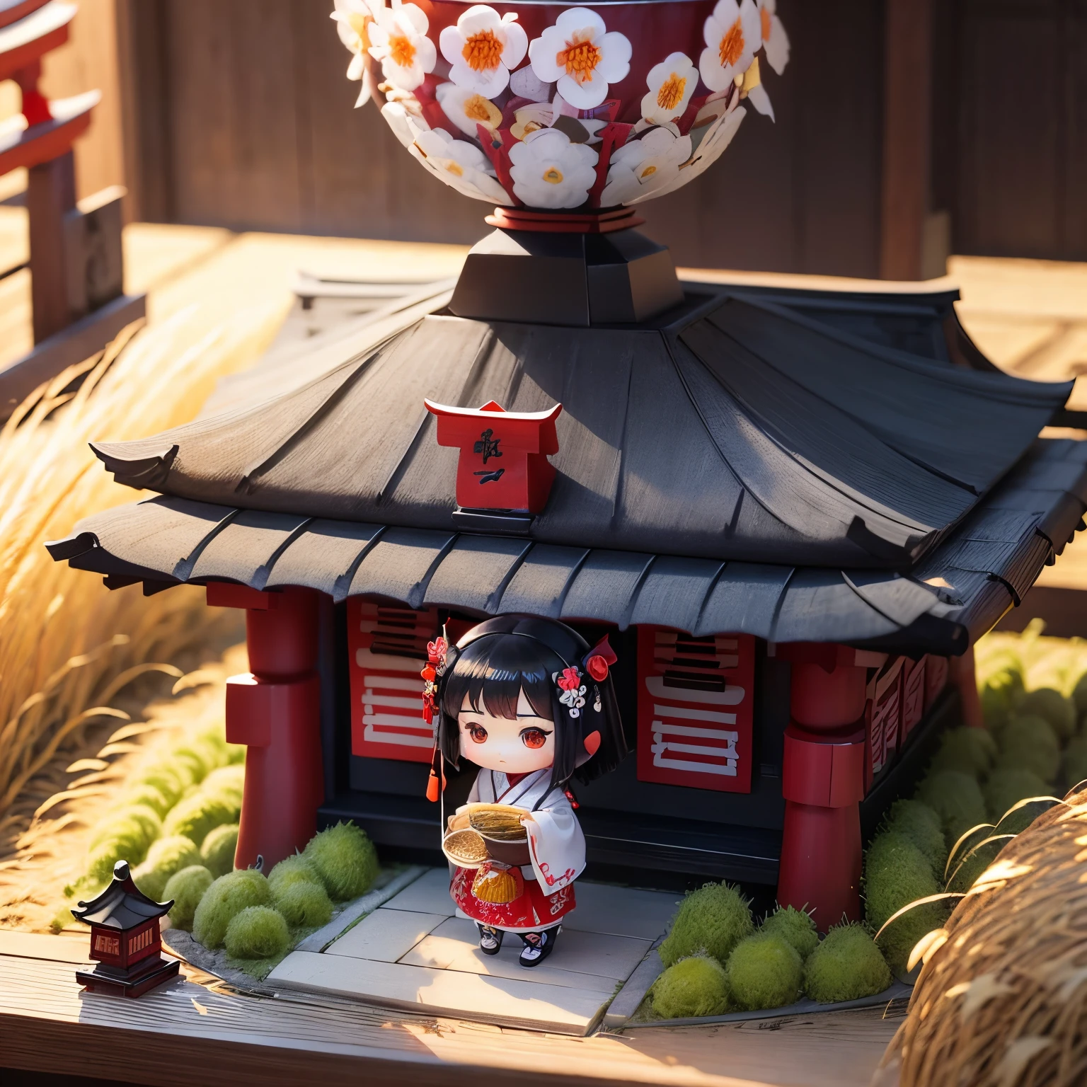 masterpiece、top-quality、ultra-detailliert、(Chibi character shrine maiden:1.2)、Black Hair Bob、Izumo Taisha、Shinke Festival、In a colander made of straw(🌾、🍙、pickles、Pickled plums:1.2)