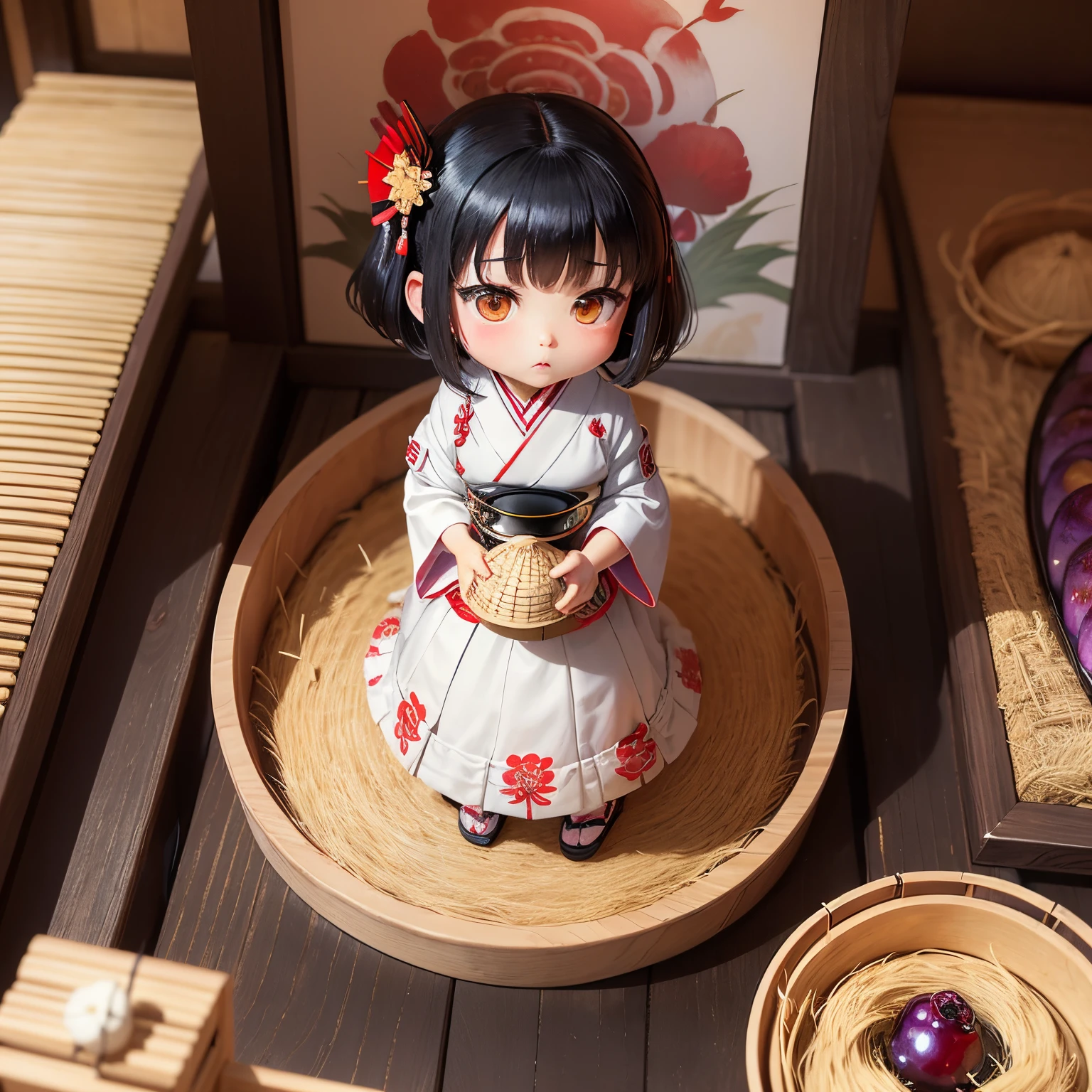 ​masterpiece、top-quality、ultra-detailliert、(Chibi character shrine maiden:1.2)、Black Hair Bob、Izumo Taisha、Shinke Festival、In a colander made of straw(🌾、🍙、pickles、Pickled plums:1.2)