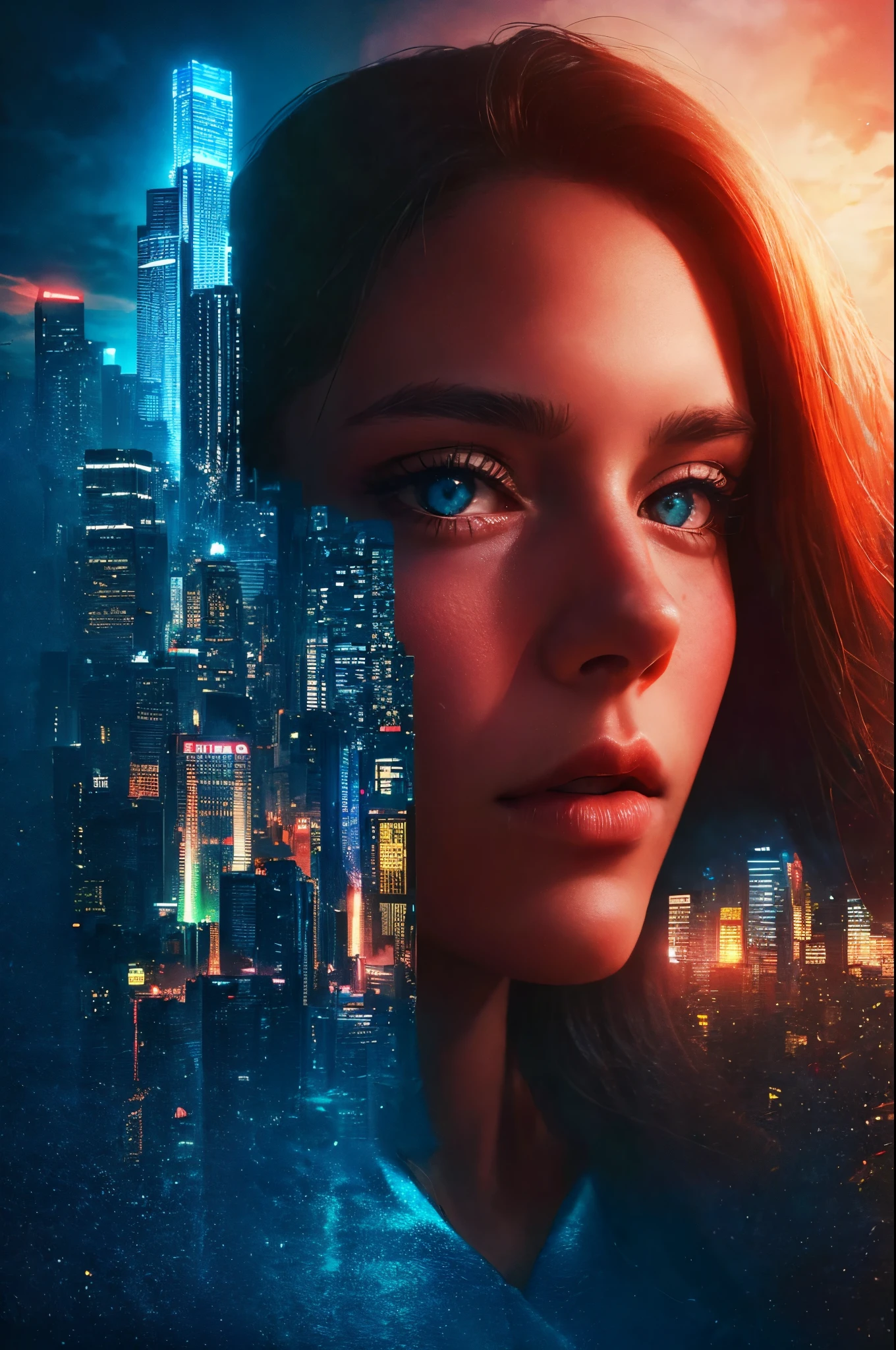 double contact，Oliver Morris double exposure photography style，girl portrait，closeup cleavage，（distant view of city buildings：1.4），vibrant with colors，a true，フォトリアリスティック，k hd，8K分辨率，tmasterpiece