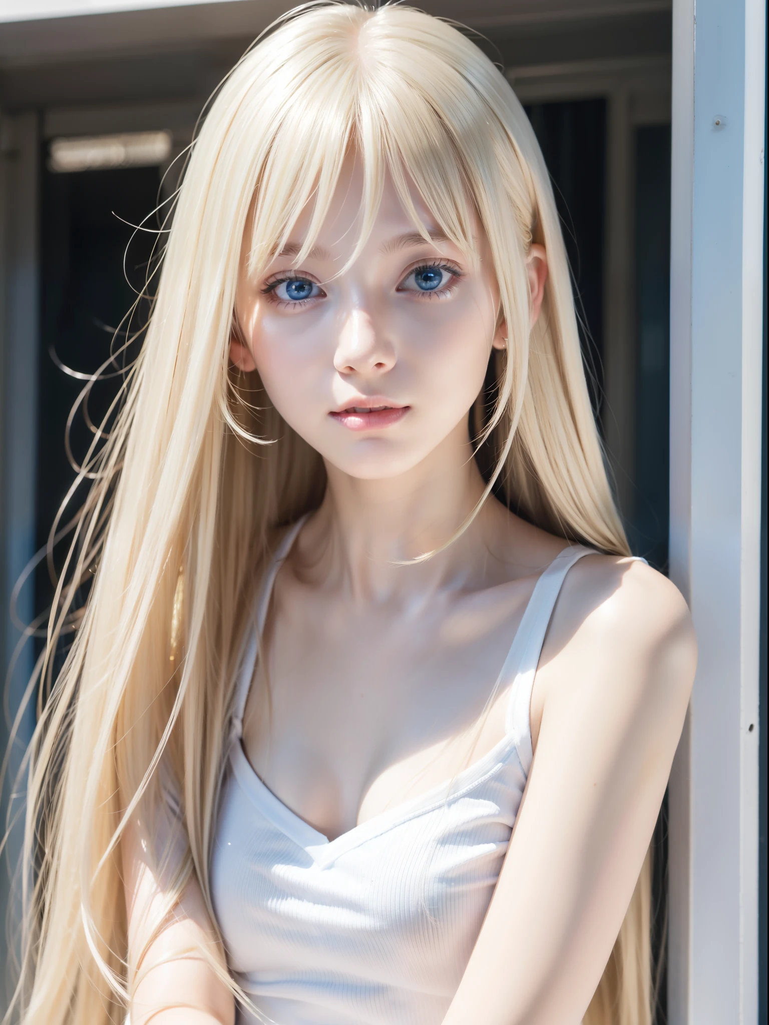 Super long straight hair、long bangs hanging on the face,、Blonde girl posing with white top、Real life girls、16yo girl、Beautiful platinum blonde girl、Beautiful big blue eyes、cheek gloss highlight、Very white skin、bright expression、bending forward