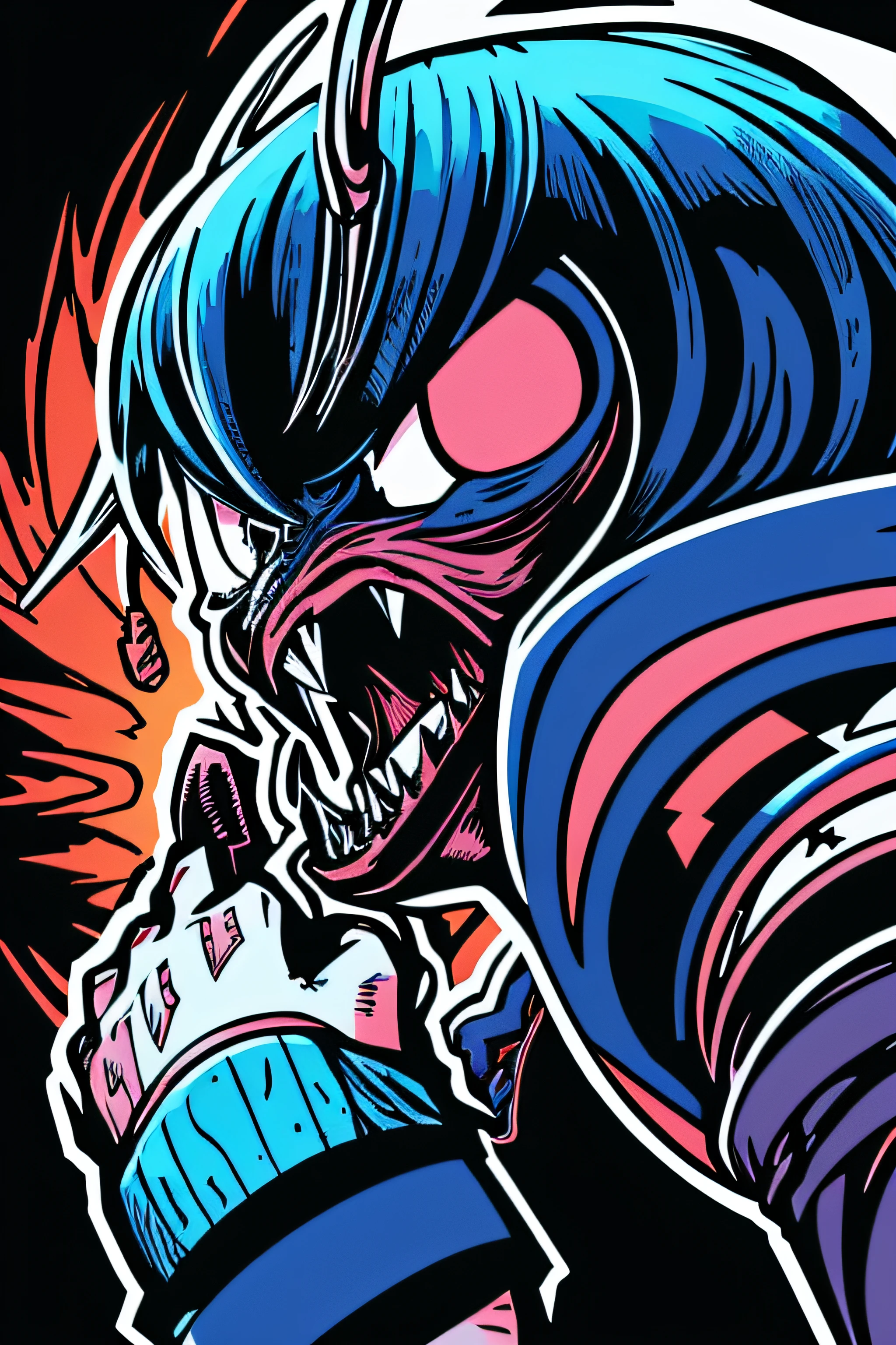 Beautiful Hardcore Illustration homepage illustration style, dark, monster, high resolution, hard touch illustration, strong outline, 8k, American comic style, colorful background, Hiroyuki Nagasaka, aggressive, beautiful front face, hell, black color, battle, Hard illustration, shout face, Small devil, American comic style, thick outline, blue color, small monster,