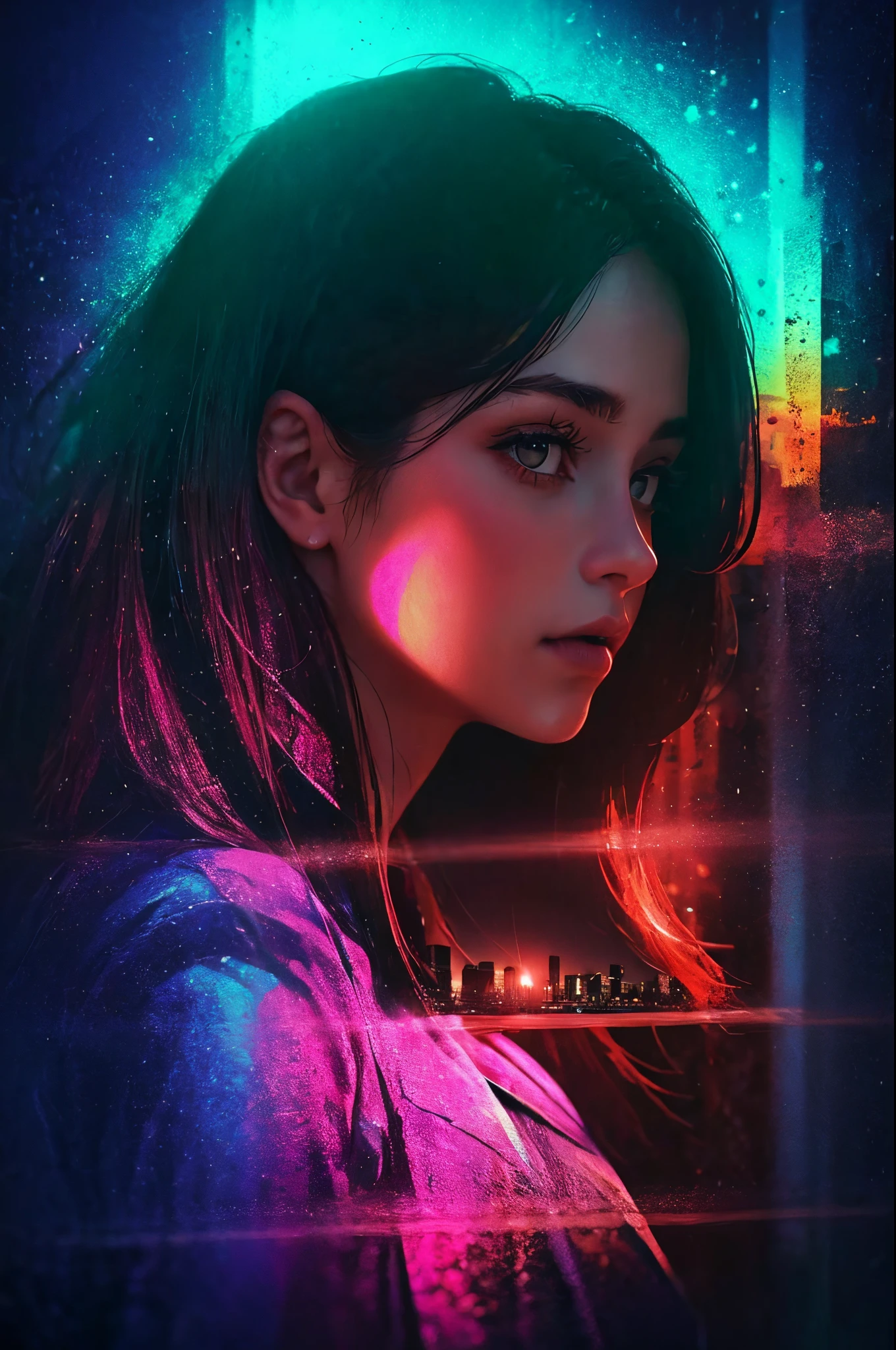 double contact,(Oliver Morris double exposure photography style:1.3),Girl portrait silhouette,closeup cleavage,(Looking at city buildings from a distance:1.4),Vibrant colors,a true,フォトリアリスティック,k hd,8K分辨率,tmasterpiece