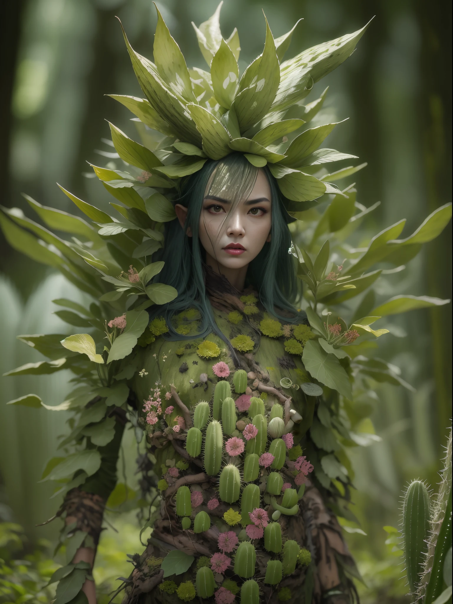 Angry cactus dryad in the forest. Cactus flowers， The face is very detailed, 詳細な目， Clothes made from leaves and bark.