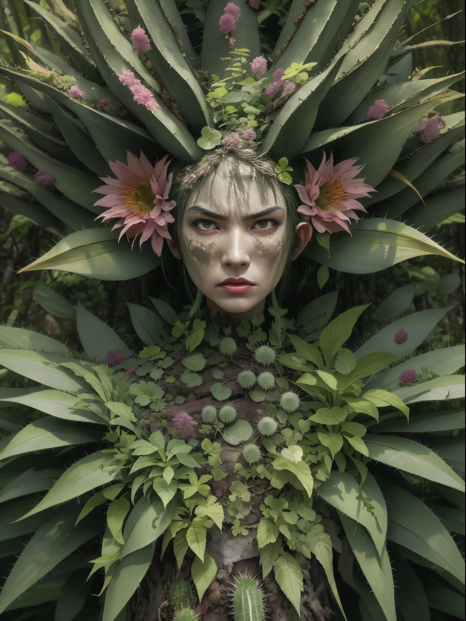 Angry cactus dryad in the forest. Cactus flowers, The face is very detailed, 詳細な目, Clothes made from leaves and bark.