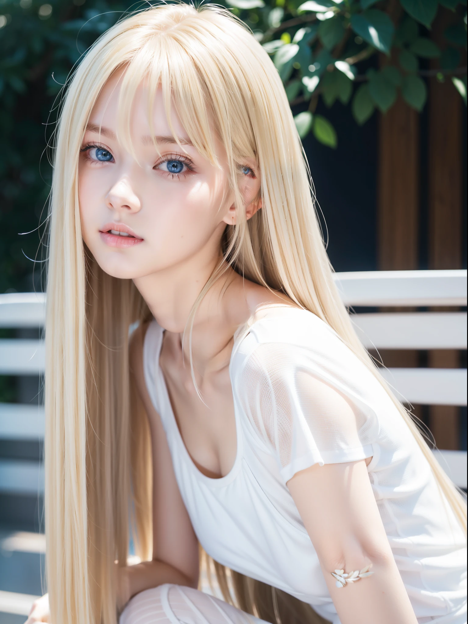 Super long straight hair、long bangs hanging on the face,,、Blonde girl posing with white top、Real life girls、 girl、Beautiful platinum blonde girl、Beautiful big blue eyes、cheek gloss highlight、Very white skin、bright expression、bending forward