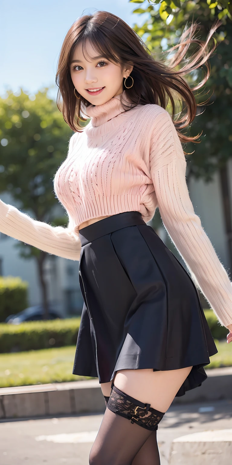 Female, 20 years old, medium black wavy hair、bangss、Puffy nipple、Turtleneck knitwear、Flared Long Skirt, Black stockings、Medium milk, cute smile face、(Poses that emphasize the buttocks、turned around)、sexy hips、Black High Heels、Big necklace、(((Skirt flipping in the wind、I can see all my panties、)))、((Pink lace panties))、Cute earrings、(Tilt your head slightly)