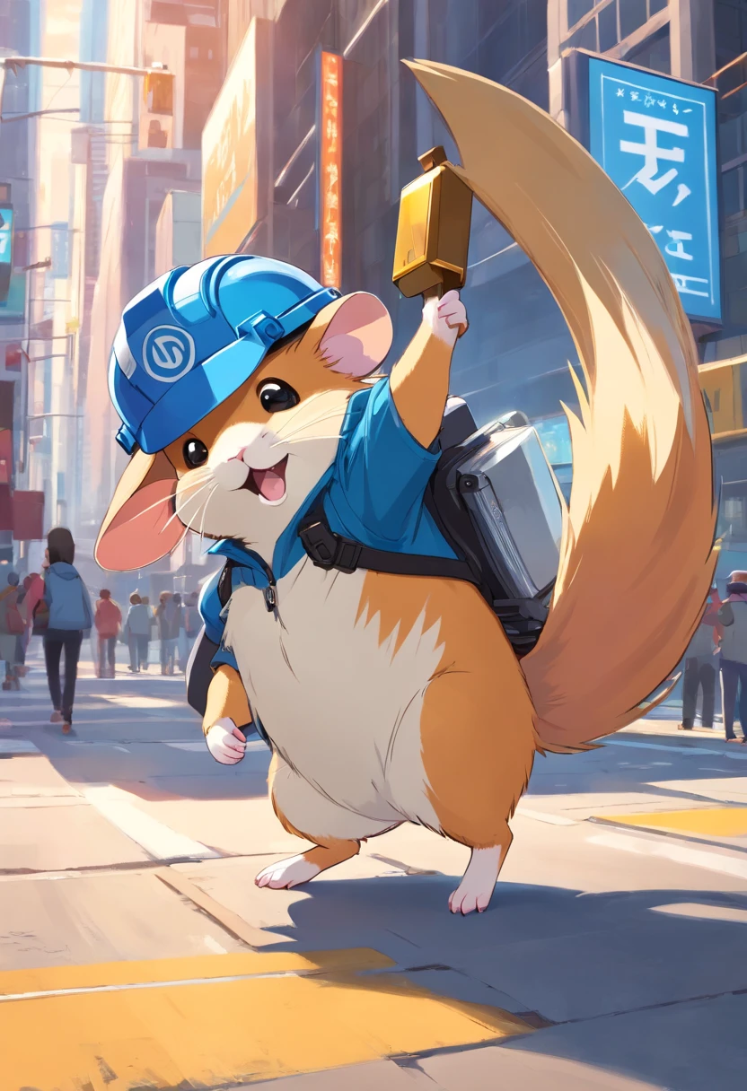 Happy hamster, Hold the instrument, Wear a hard hat on your head, Trading on the stock exchange,street frontage,Blue tooling,head portrait