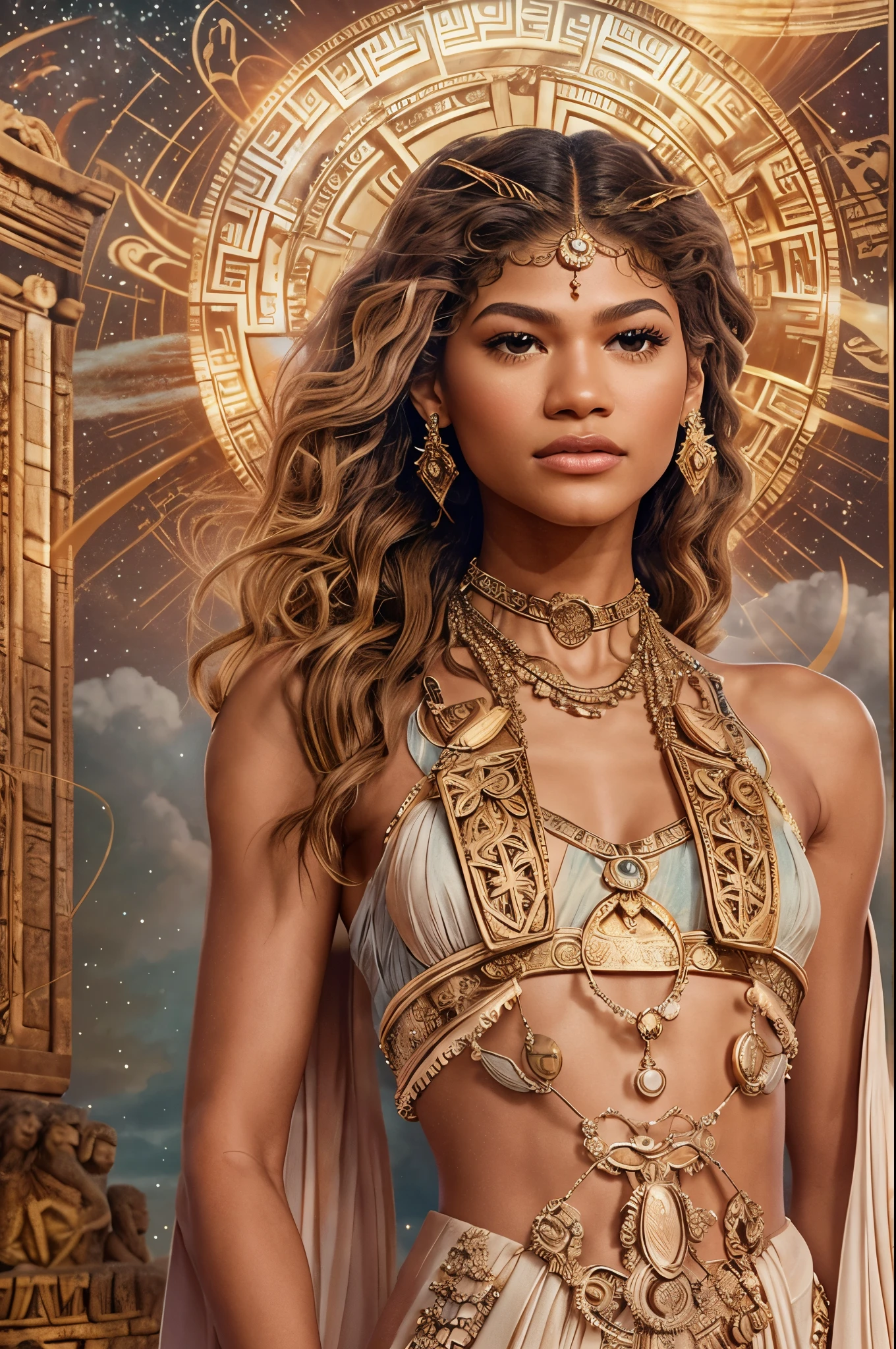 "Imagine an AI-generated image that transforms Zendaya into a modern interpretation of a Greek goddess. Envision her adorned in ethereal, flowing garments inspired by ancient Greek fashion, radiating grace and divine elegance. Picture Zendaya with a celestial aura, standing against a backdrop of mythic landscapes, perhaps with hints of ancient temples or celestial constellations. Incorporate symbolic elements representing her strength, wisdom, and versatility. Use a harmonious color palette that evokes the grandeur of ancient mythology. The final image should capture the essence of Zendaya as a contemporary goddess, seamlessly blending the timeless beauty of Greek mythology with her modern, iconic presence."