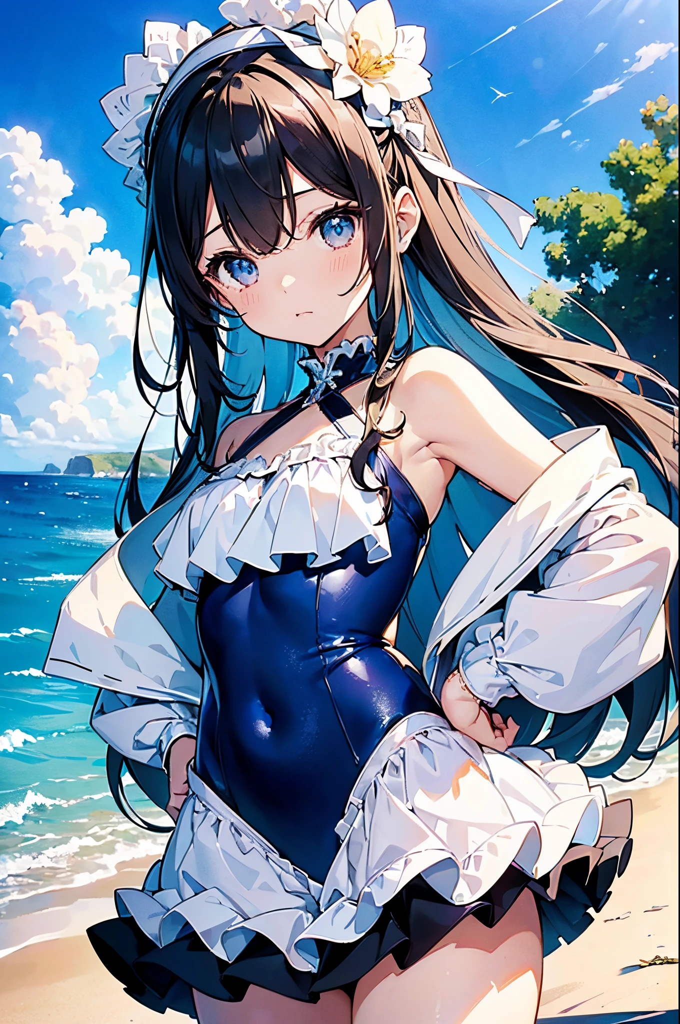 point of view: Third、angled: oblique45From the top of the degree、situation: girl having fun with friends at the beach、charicature: Soio、hairstyle on: Bob Hair、Hair color: A black、Pupil color: Brownish、expressioness: A smile、the pose: Leaning forward and cute、eye: Kamimei、swim wears: Bikini type、Swimsuit colors: blanche、Swimsuit material: Nylons、Swimsuit design: There are gingham plaid ruffles.、accessorized: Lunette de soleil,耳Nipple Ring,a choker,anklets、Accessory color: Simple colors such as black and white、Accessory material: Shiny objects such as metal or glass、Background with: Blue sky and white clouds,Blue sea and white waves,Sandy beaches and shells。camera settings: wide-angle lens,High-speed shutter,High ISO,Exposure compensation+1,White balance is sunny mode。Made the following modifications to bring out her charm。Her hair flutters in the wind.、Glossy。Her eyes are sparkling.、Lashes are long and curled。The skin is tanned、Has a healthy color luster。The swimsuit complements her style well.、Breasts and buttocks are plump。Accessories emphasize her simplicity and cleanliness.、The shade matches the swimsuit。The background reflects her cheerfulness and energy.、mare, sky and sandy beaches are beautifully depicted.。Images inspired by futuristic technology、We created a camera setting at the right time that can output the highest quality that is optimal for the situation.。qulity、picture quality、detaileds、masterpiece、Official art、masterpiece、Masterpiece to the smallest detail、realistic in every detail、The human body based on human anatomy、The pupils are especially ultra-detailed.。Sentences that show the shape of the hand、We also considered the sentences of attractive eyes.。ultra-quality、Transcendent craftsmanship in every detail、masutepiece、Finished as official art。This image is「Antonio Lopez」A masterpiece of transcendent technology「Chuck Kroos」In a portrait of the transcendent virtuosity of「Ron Mueck」Reproduce the texture of the material drawn from the observa