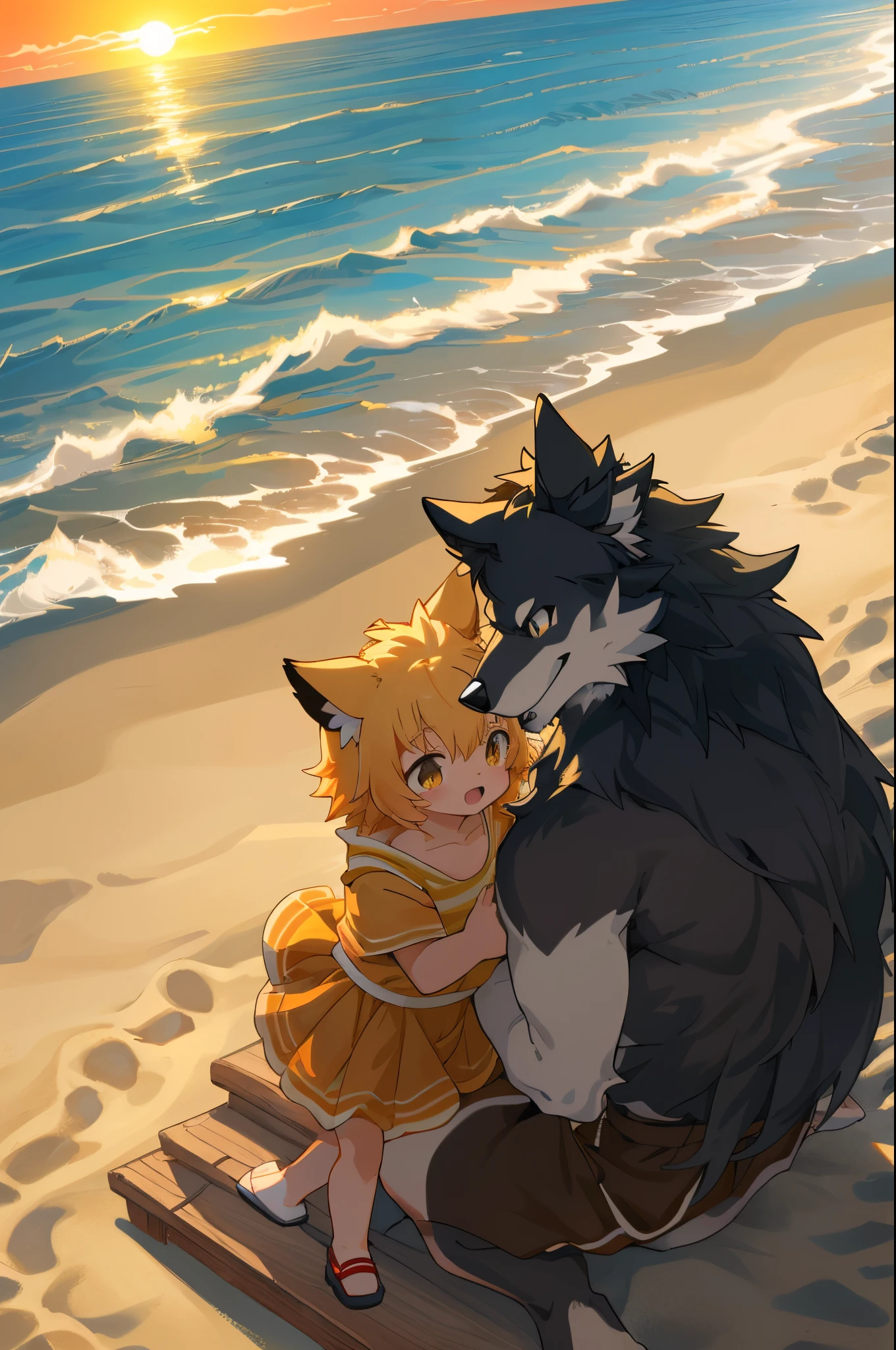 cover page, anime key visual, highres, top quality, best quality, paid reward available, High-quality illustrations, unparalleled masterpiece, perfect artwork, absurdres(family watching sunrise at the beach)((kemono werewolf family with two parents of diverse descents and a child)perfect anatomy, mesmerized by the sunrise, child playing with sand and building a sandcastle, serene beach with gentle waves, sky with vibrant colors of dawn, family’s expressions of awe and happiness, moment of peace and togetherness, fan-created work shared on platforms Pixiv or Twitter, cinematic lighting, dynamic angle,