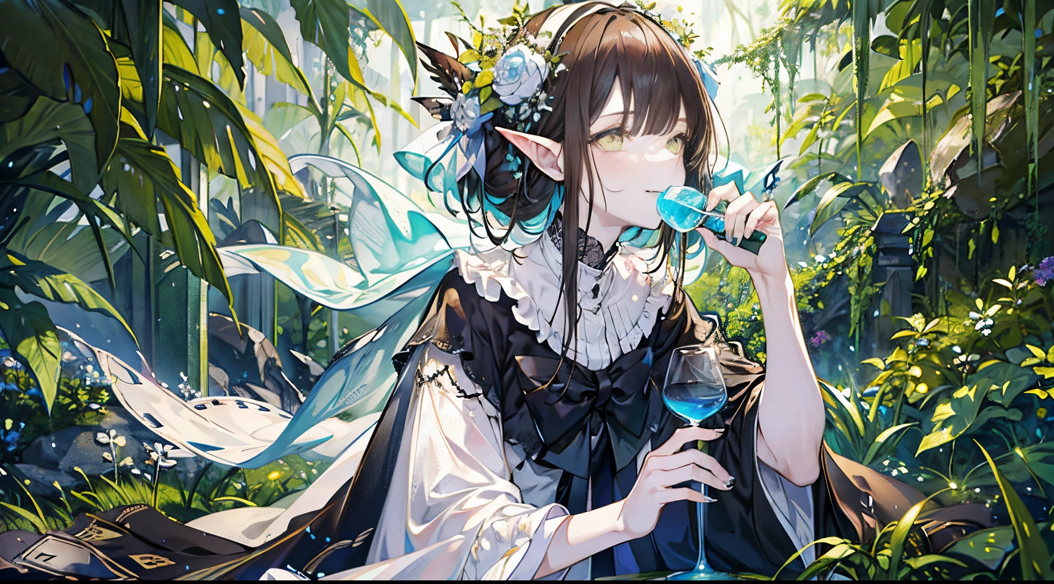 ((tmasterpiece:1.4,Best quality at best))+,(hyper-detailing)+,(Ultra-detailed eyes)+,(pointy ears:1.5),
(cute girls),young ,(Dark green pupils:1.15),with short dark brown hair,long braid,Bushy hair(wariza:1.2),pale-skinned,Seductive smile,Huge leaves,Empty eyes,Black lips,Raise your head and drink water
(She wears conservative yellow hunter clothing,Green pattern,:1.5),(Shabby gray cloak:1.4)The sleeves are long,Crystal tiara,A sea of vines and flowers,Dream bubbles,black fingernails,Whole body diagram,Elven Maiden,Bandages wrapped around limbs,
(intricate wooden bow:1.1),
(dawn light:1.2),
(Thick black and white:1.16),(depth of fields:1.4),,Complicated details,
