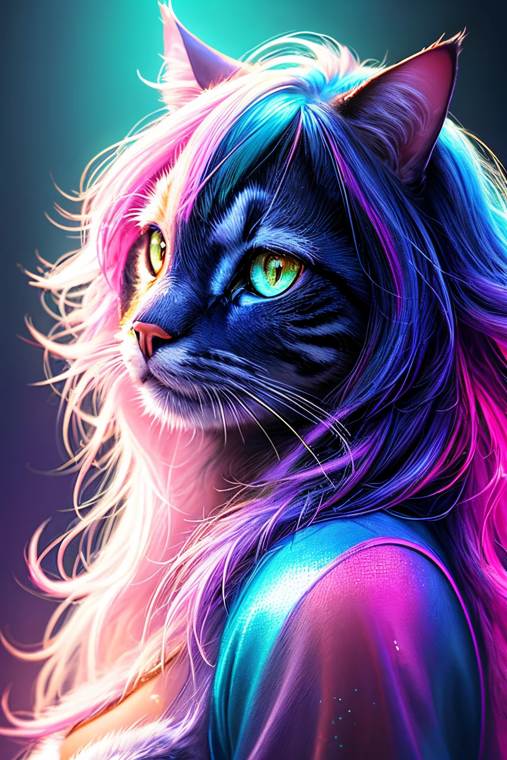 painting of a cat with a purple mane and a blue mane, realistic cat, glossy digital photoshot, made entirely from gradients, neon hooves, gorgeous digital photografy, pearlescent fur, holographic, stunning digital painting, background artwork, beautiful digital painting, beautiful cat, iridescent. fantasy, illustration iridescent, holographic creature