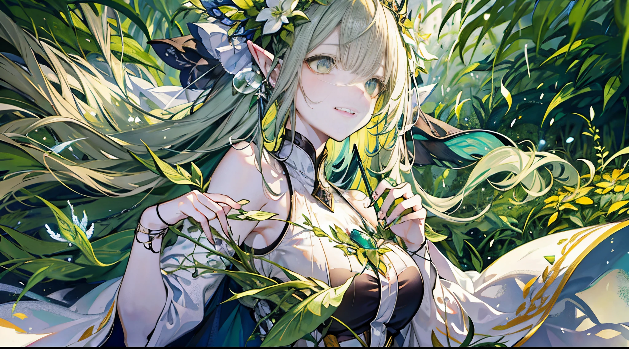 ((tmasterpiece:1.4,Best quality at best))+,(hyper-detailing)+,(Ultra-detailed eyes)+,(pointy ears:1.5),
(A cute girl),17 years younger,(Dark green pupils:1.15),with short dark brown hair,long braid,Bushy hair(wariza:1.2),pale-skinned,Seductive smile,Huge leaves,Empty eyes,Green lips,
(She wears conservative yellow hunter clothing,Green pattern,:1.5),(Shabby gray cloak:1.4)The sleeves are long,Crystal tiara,A sea of vines and flowers,Dream bubbles,black fingernails,Whole body diagram,Elven Maiden,Bandages wrapped around the limbs,
(intricate wooden bow:1.1),
(dawn light:1.2),
(Thick black and white:1.16),(depth of fields:1.4),,Complicated details,