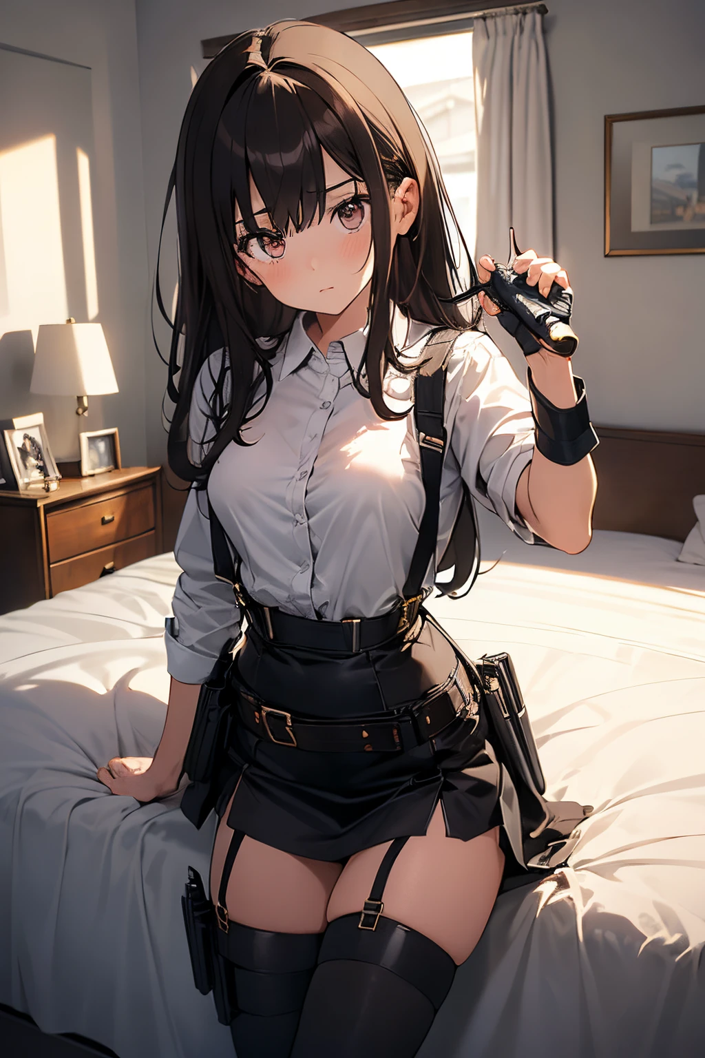 Brown hair、watching at viewers　　　black suspenders　　　Bulging big breasts　　 　 　　　walls: 　Black miniskirt　garters　　　　　　Gaze　　　Small face　bangss 　　　holster　　Belt Armament　Beautuful Women　srestrained　hands up　Lying in bed　Leg holster lying on the bed　　Gaze 　black boots upskirt tank top