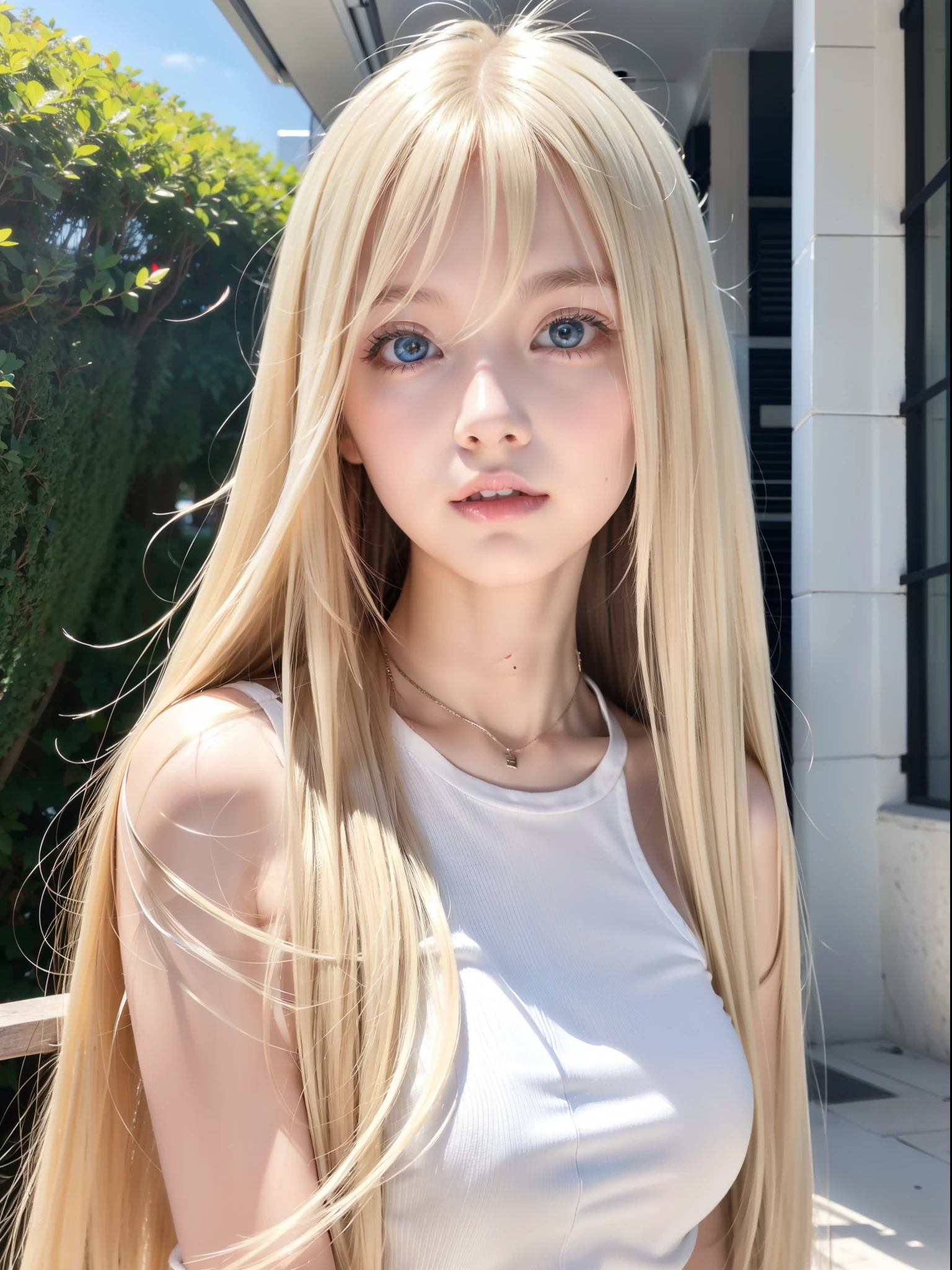 Super long straight hair、long bangs hanging on the face,,,、Blonde girl posing with white top、Real life girls、16yo girl、Beautiful platinum blonde girl、Beautiful big blue eyes、cheek gloss highlight、Very white skin、bright expression、bending forward