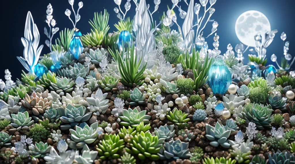 (tmasterpiece, Best quality, ultra - detailed),Crystals floating in the air，light blue white，moon rabbit ears，Thousands of rabbit ears，Pearl Chlorophytum，prayer beads，floating succulents，succulent forest，Super refined，ultra - detailed，vivaciousness，with dynamism，with dynamism，glowing plants。fantastical scenes，Super dreamy