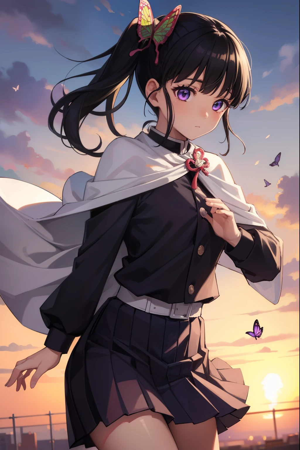 Kanaotsu Yuri, Kanao Tsuyuri, Black hair, butterfly, butterfly hair ornament, (Purple eyes:1.1), Side Ponytail, Ponytail, 
Blake Black Skirt, Cape, demon slayer uniform, Long sleeves, Pleated skirt, Skirt, white cape,
BREAK looking at viewer,
Break indoors, crass room,
BREAK (masutepiece:1.2), Best Quality, High resolution, Unity 8k壁纸, (Illustration:0.8), (Beautiful detailed eyes:1.6), extra detailed face, Perfect Lighting, extremely details CG, (Perfect hands, Perfect Anatomy),skirt lift, white embroidery panties,