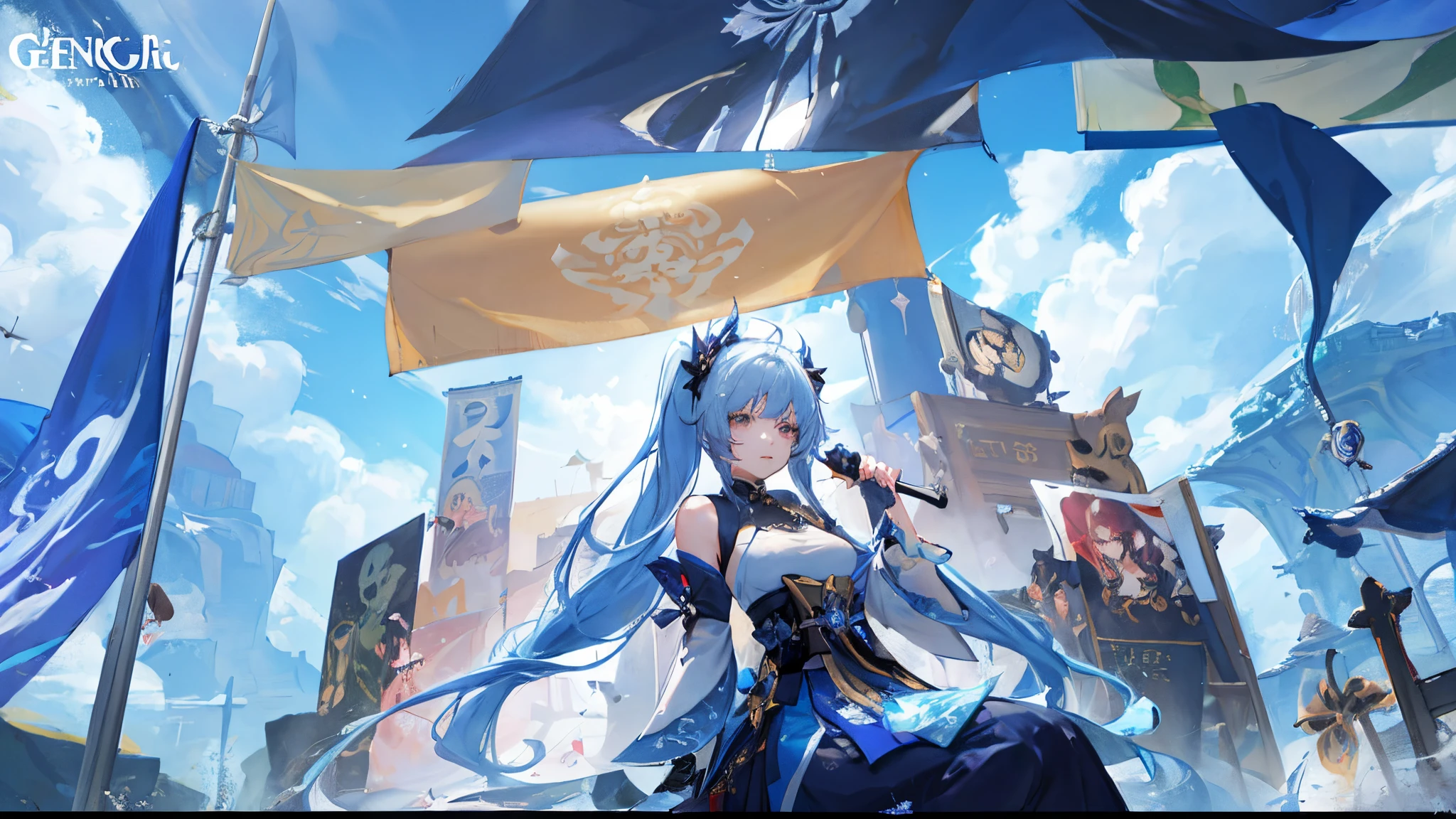 A woman in a blue dress holds a sword and a flag, the original god, genshin impact, Genshin impact's character, Official anime artwork, Ayaka Genshin impact, from the night of the ark, Popular topics on artstation pixiv, 《the original god》Zhongli in Zhongli, genshin impact style, Song, Anime art wallpaper 8 K，Stage performances