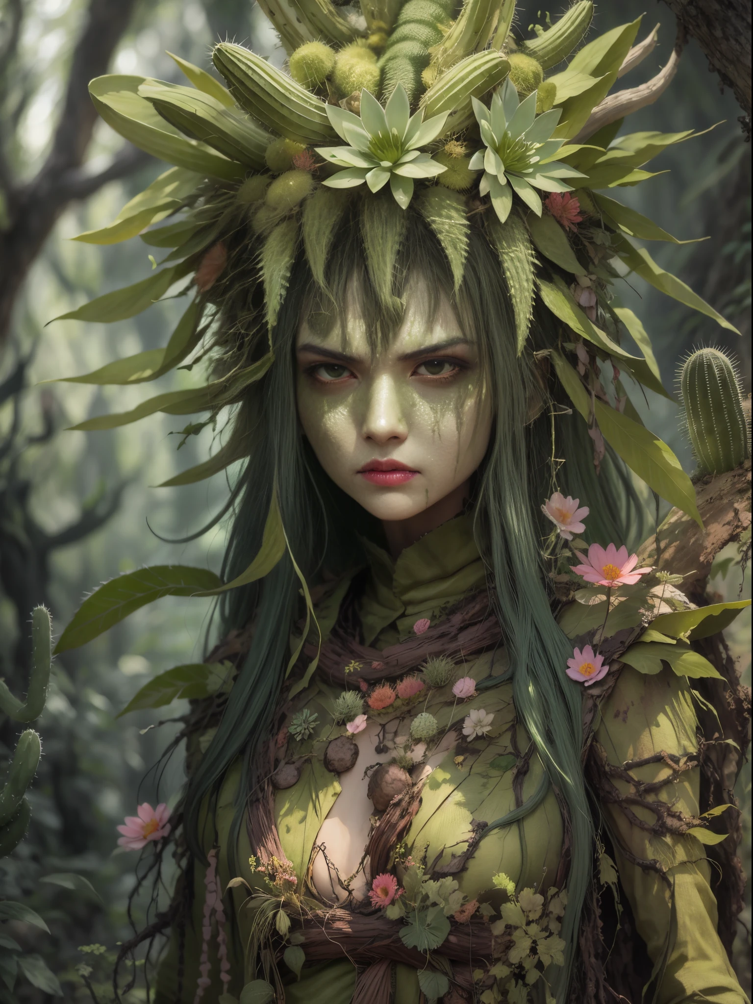 Angry cactus dryad in the forest. Cactus flowers， The face is very detailed,Water on the face， 詳細な目， Clothes made from leaves and bark.