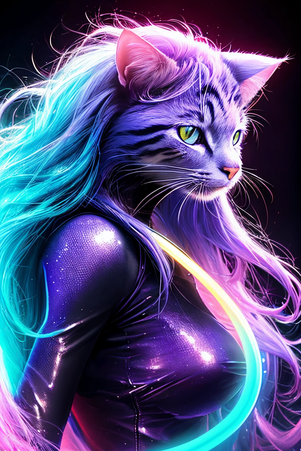 painting of a cat with a purple mane and a blue mane, realistic cat, glossy digital photoshot, made entirely from gradients, neon hooves, gorgeous digital photografy, pearlescent fur, holographic, stunning digital painting, background artwork, beautiful digital painting, beautiful cat, iridescent. fantasy, illustration iridescent, holographic creature