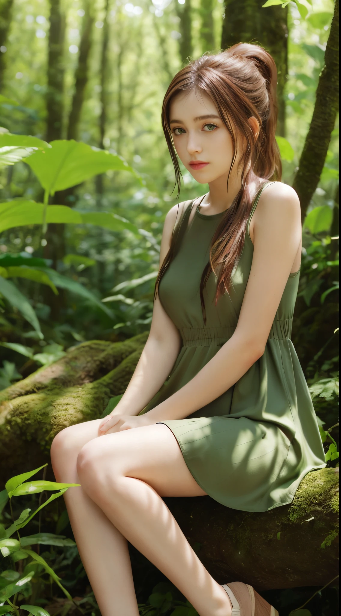 (masterpiece, best quality: 1.3) EllieTLOU, 1 girl, brown hair, long hair, ponytail, sitting, abandoned in a forest, Green Plants, soft lighting, realistic, SMOOTH FACE, full body photo, torso, dress, perfect eyes, clear