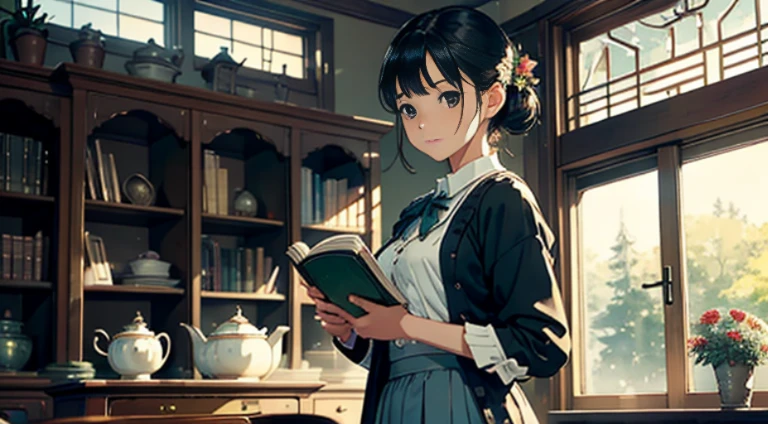 (Watercolor in Sargent style)、(top-quality、​masterpiece)、超A high resolution、high-detail、(David Hamilton Style)、(softfocus)、Cinema Angle、ciinematic light、Soft light、(British traditional public school)、1girl in、17 age、A stunning、Short black hair、Bunching hair、Crisp face、(detailed face depiction)、Detailed eyes、small tits、tiny chest、((classic uniform))、((long  skirt))、Holding a book,at the library、Perfect hands、beautiful setting、serene ambiance、Calm expression、Quiet moments、Vintage atmosphere、Immerse yourself in reading、bookworm、Thoughtful gaze、Classic elegance、A quiet retreat、Fascinating beauty、Sophisticated clothing、Majestic bookcase、Traditional atmosphere、Lush green environment、Flowers on the windowsill、houseplant、teapot、