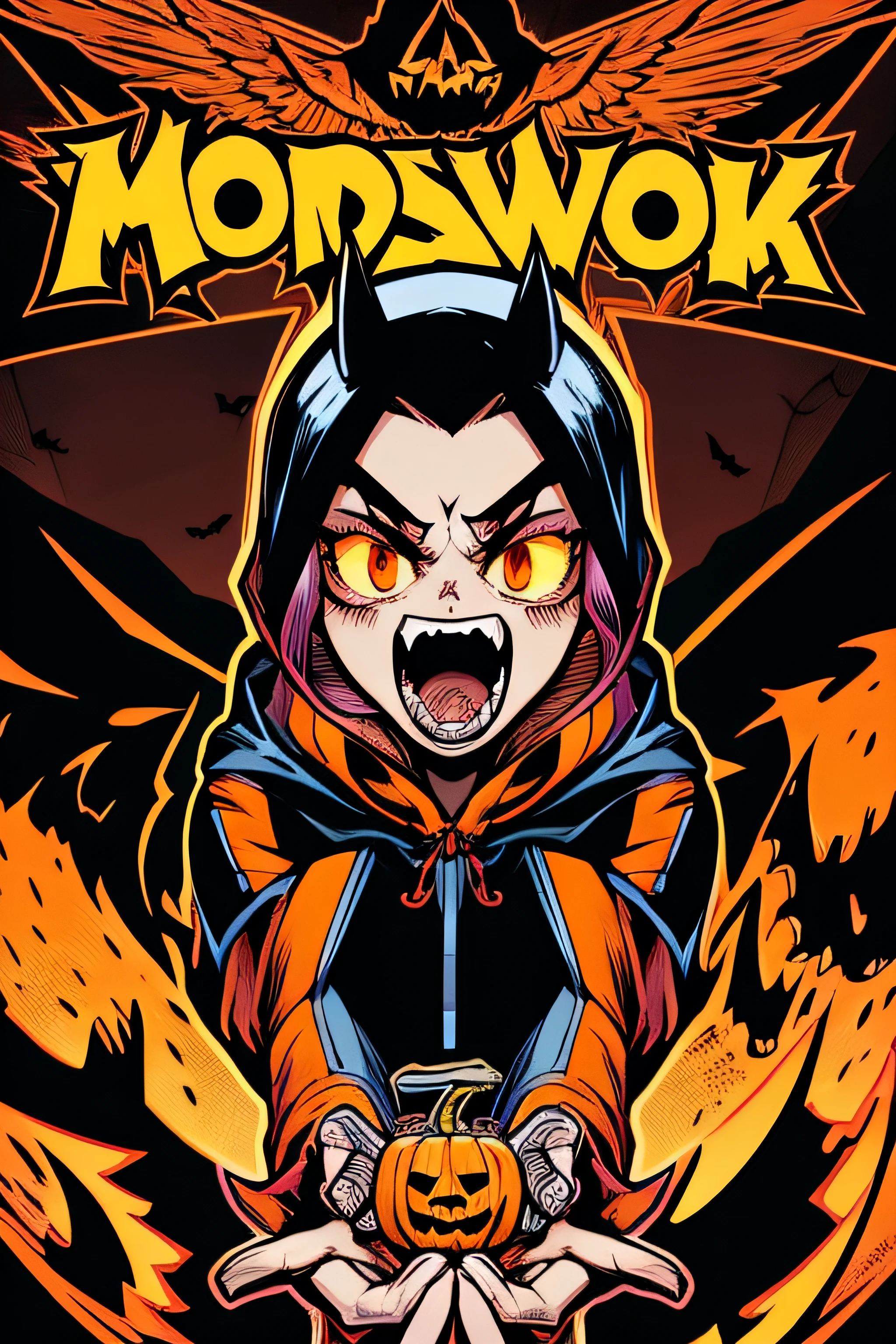 Beautiful Hardcore Illustration homepage illustration style, dark, monster, high resolution, hard touch illustration, strong outline, 8k, American comic style, colorful background, Hiroyuki Nagasaka, aggressive, beautiful front face, hell, orage color, battle, Hard illustration, shout face, Small devil, American comic style, thick outline, orange color, Halloween small monster, Halloween, pumpkin, cloak,