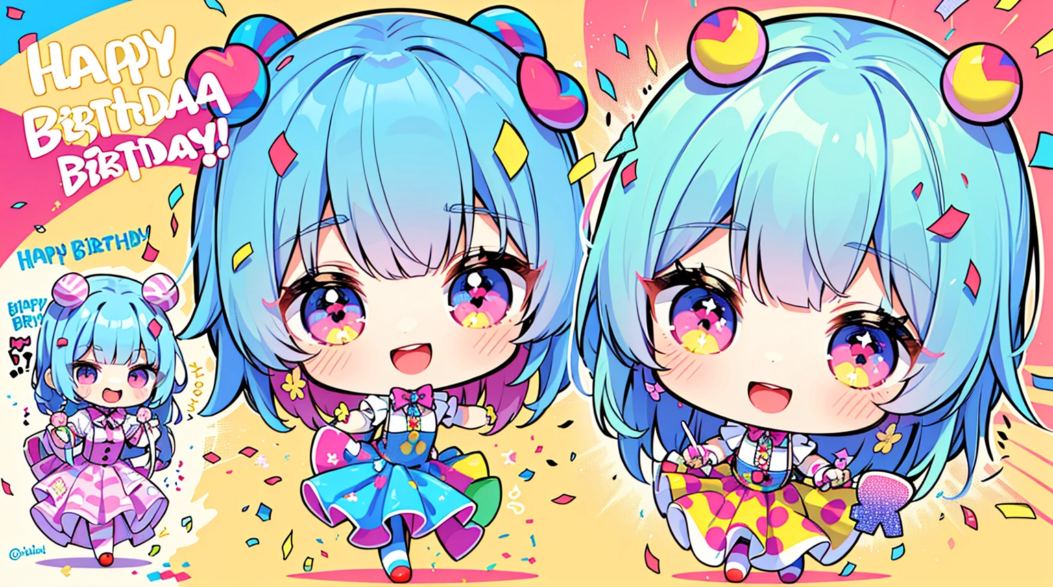 (((tchibi))) poster for, Happy Birthday poster (((Happy Birthday poster, text saying "happy birthay)) ((((chibi clown dancing)))) (((((confeti)))))