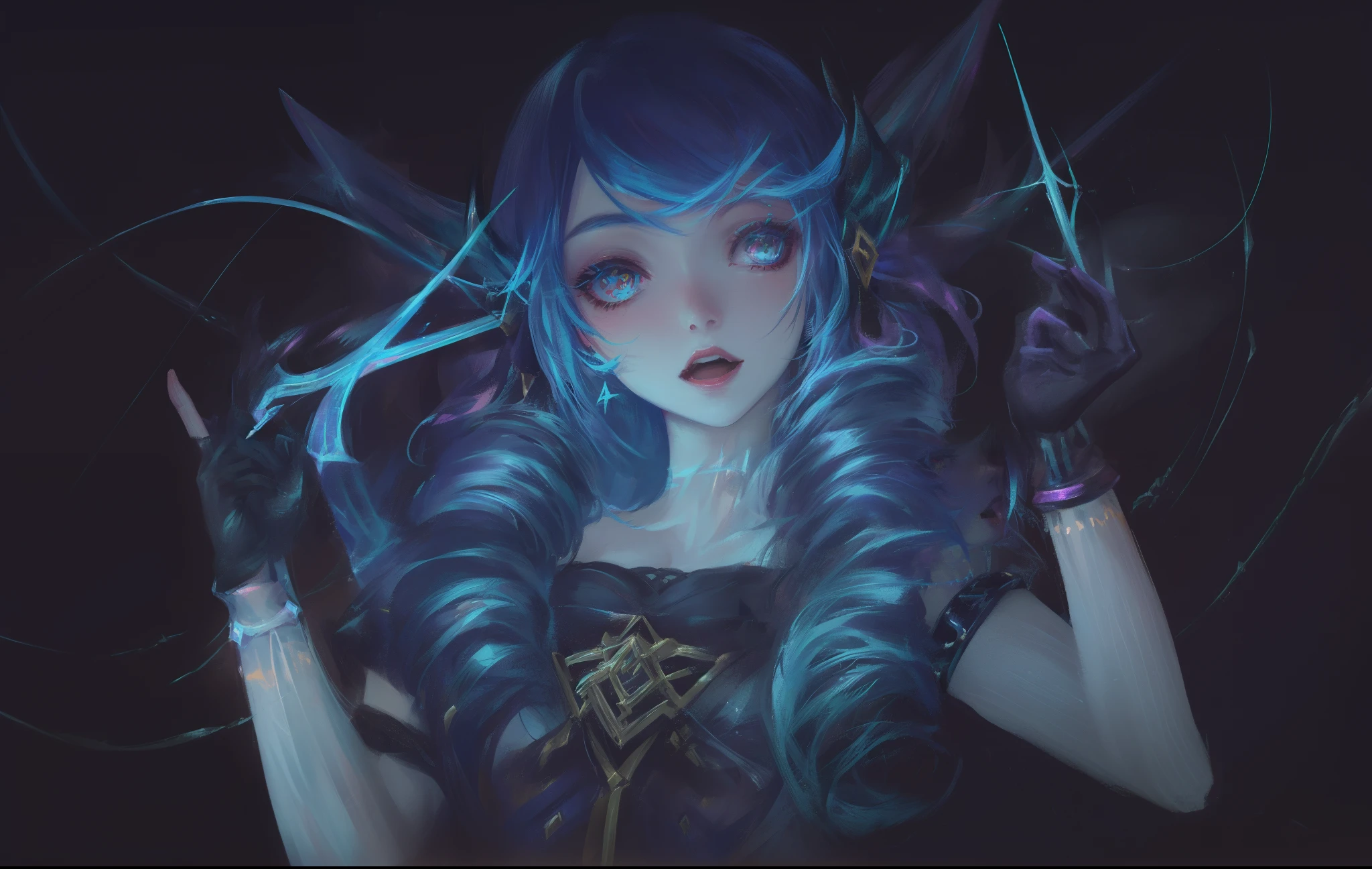 anime - style illustration of a woman with blue hair and black suit, league of legends art style, Arte de estilo League of Legends, Jinx arcano, de League of Legends, Arte de personajes de League of Legends, Arte de League of Legends, Retrato de Jinx de Arcane, en estilo de arte de Hearthstone, Jen Bartel, Estilo League of Legends, Personaje de League of Legends, (Gwen from League of Legends), High resolution, pale skin, dark background, excited face, threads on the neck and cheeks, scissors in the left hand, needle in the right hand.